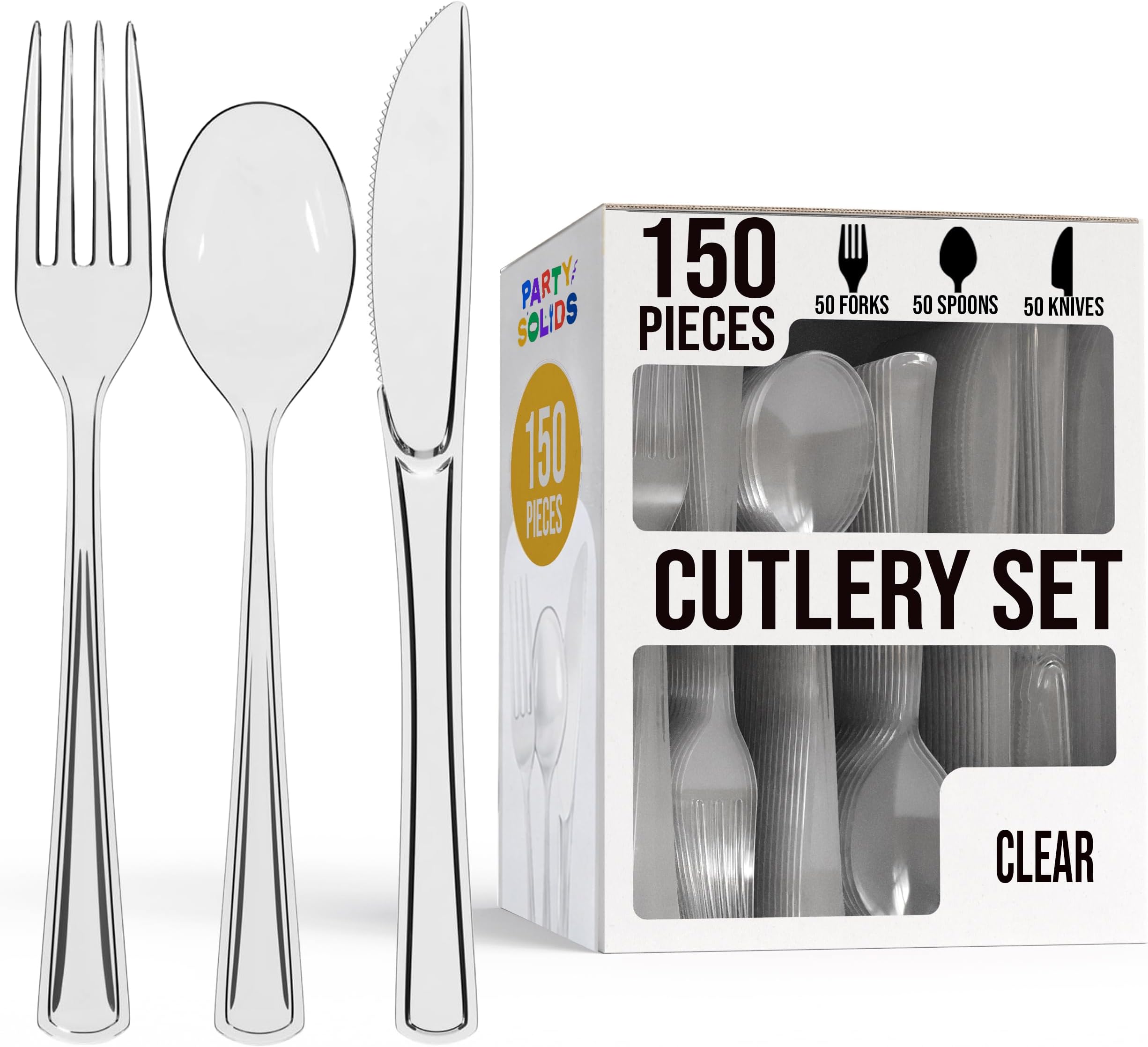 Party Solids Clear Plastic Silverware Heavy Duty 150 Pieces Clear Disposable Silverware Heavy Duty, Utensil Sets, 50 Of Each Forks, Knives & Spoons Disposable Cutlery Set For Party Supplies