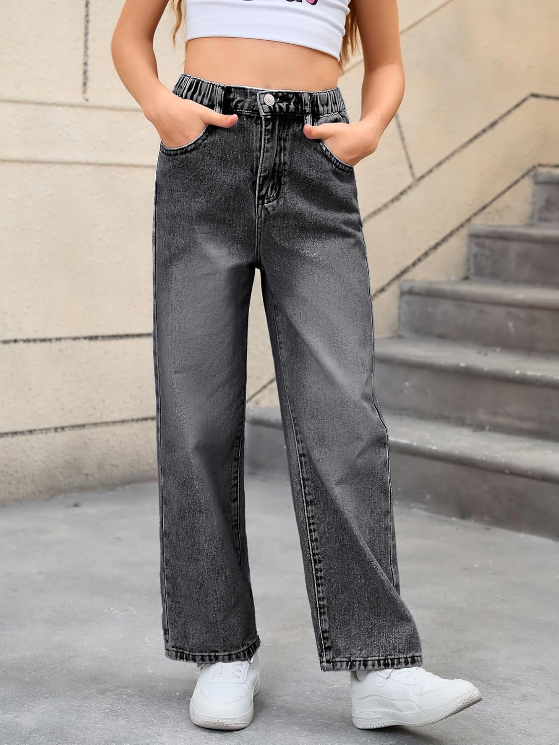 WDIRARA Girl's Bow Print Back Zipper Fly Elastic High Waist Denim Pants Basic Wide Leg Jeans - Image 4