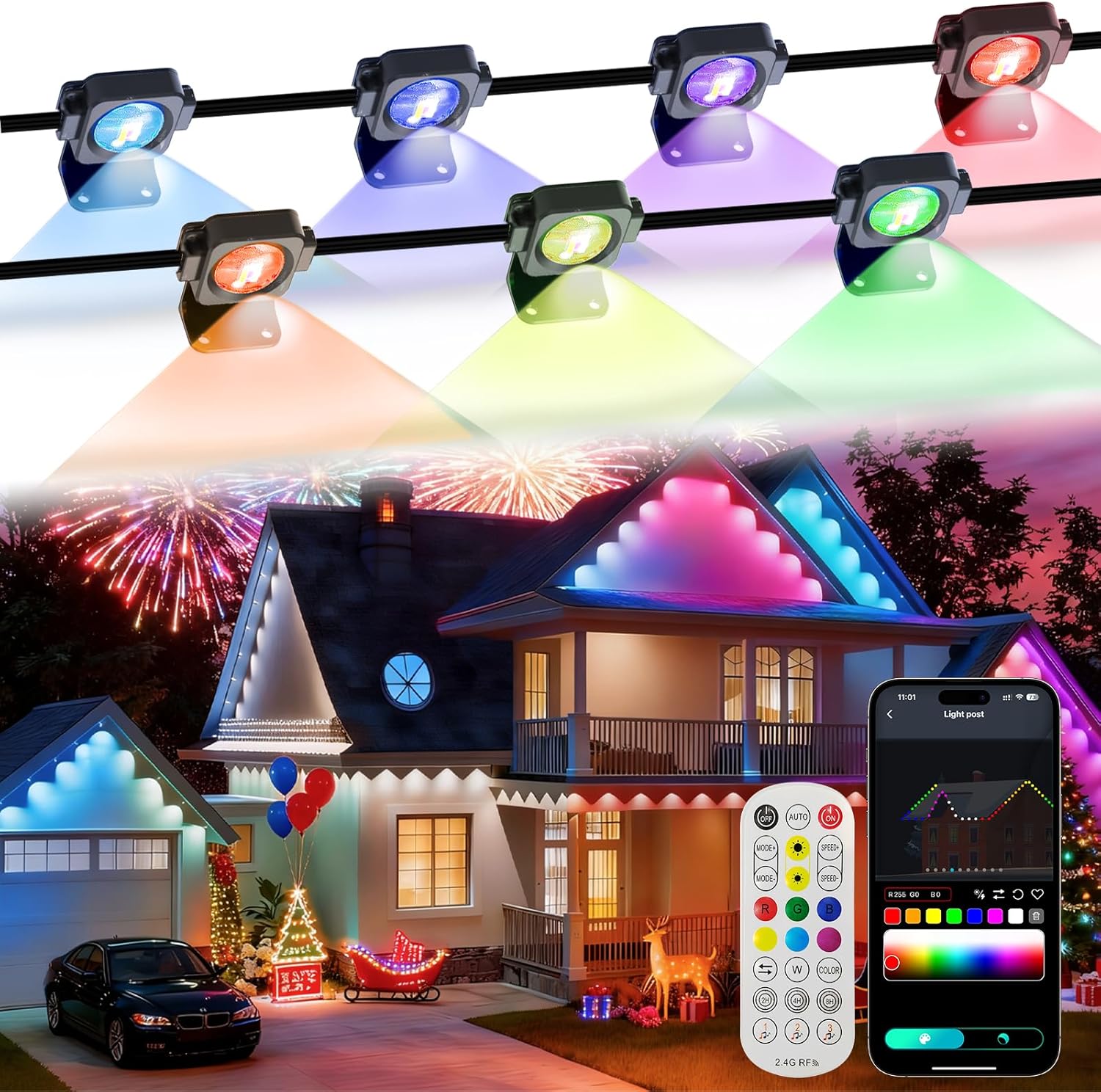 Permanent Outdoor Lights 150Ft 90LEDs, Smart RGB-IC Year Round Eave Deck Fence Outside Lights with Remote & App Control, Multicolor & White Individual DIY LED Christmas Holiday Decor