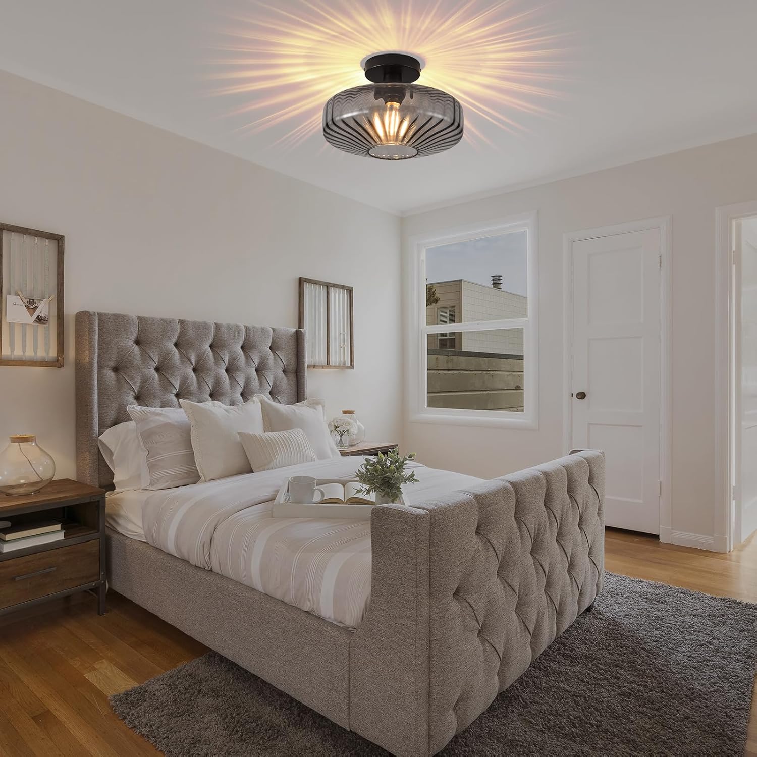Semi Flush Mount Ceiling Light, 11.8 Inch Smoke Grey Glass Ceiling Light Fixture, Farmhouse Hallway Lighting Fixtures for Kitchen, Foyer, Bedroom, Bathroom, Dining room, E26 Base (Bulb Not Included)