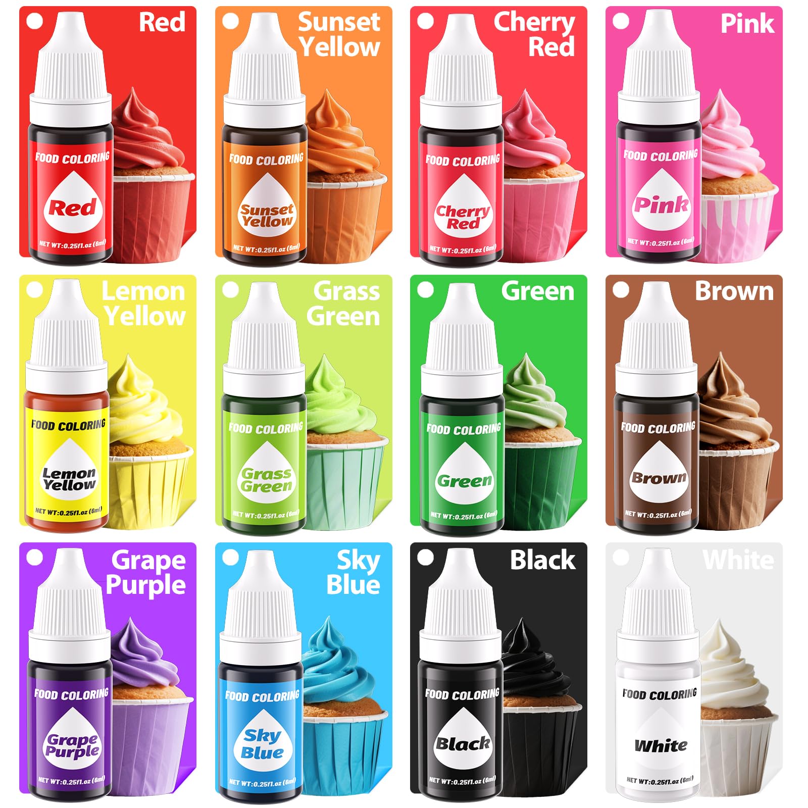 Gel-Lebensmittelfarbflüssigkeit-Set zum Backen, Zuckerguss, Kuchen, Dekoration, Kekse, Fondant, Zuckerguss, Kekse, Weihnachtsbacken, 12 Farben, lebensmittelecht, geschmacksneutral, lebendig, für