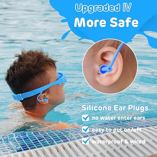Miniatura 6 de Vvinca Gafas de natación para niños de 3 a 12 años, diseño mejorado 2022 con tapón para la oreja y la nariz, visión amplia, antivaho sin fugas,
