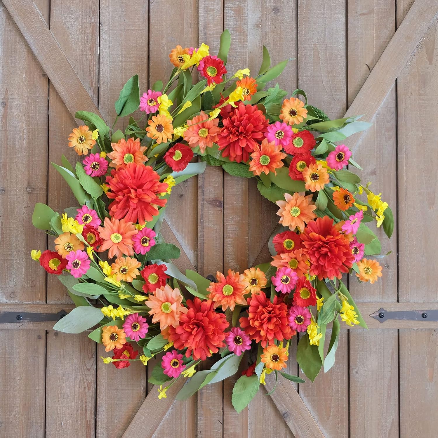 Idyllic 18 Inches Bright Floral Wreath- Artificial Colorful Daisy and Green Leaves Wreath for Summer Indoor Decor - Image 3