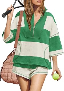ReachMe Womens Workout Striped Short Sets Matching Lounge Sets | Oversized 2 Piece Travel Outfits for Casual Summer, Tracksuit, Athletic Short Sleeve Quarter Zip Top and Shorts with Pockets