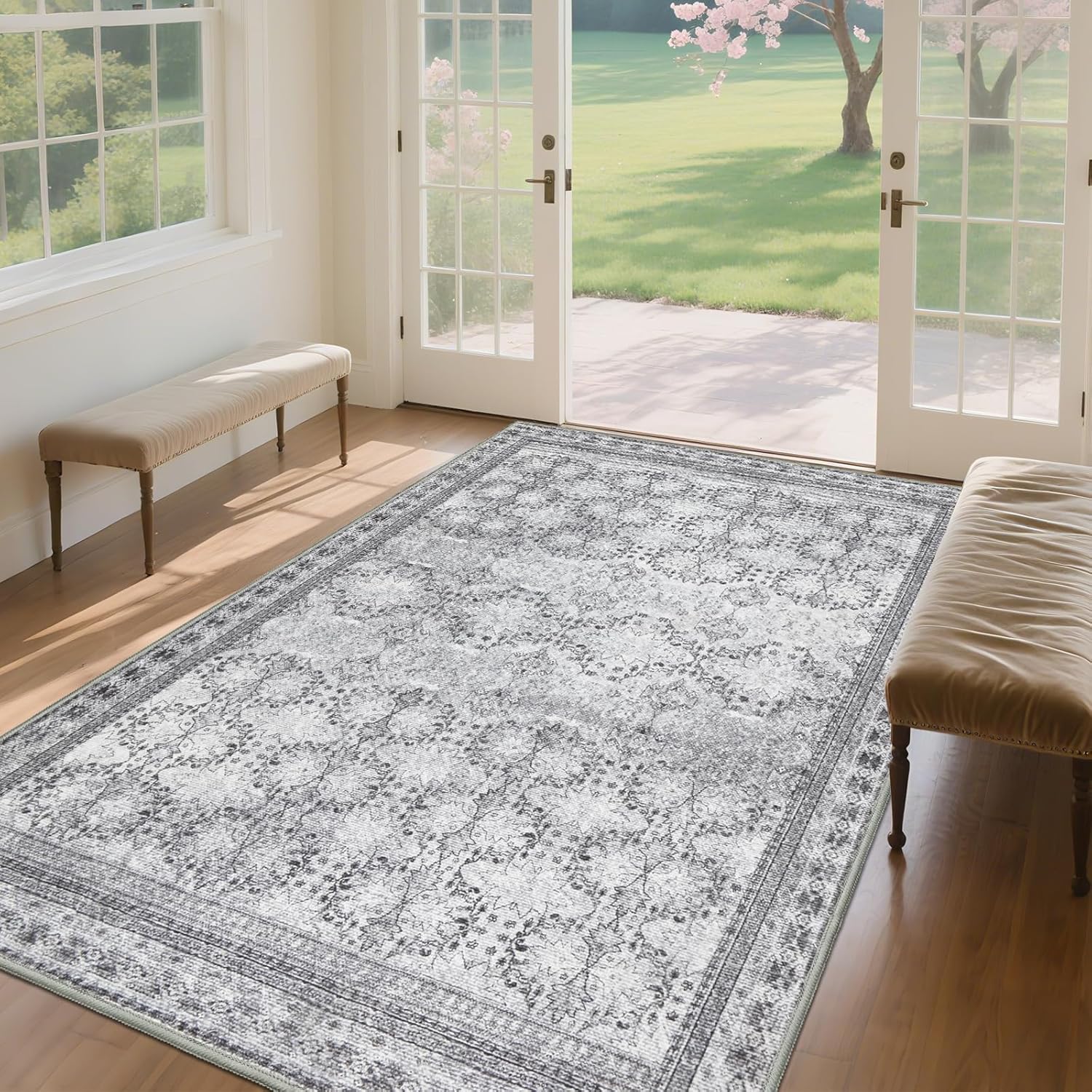 6x9 Washable Area Rug Non Slip, Faded Grey Living Room Rugs Low Pile, Thin Vintage Floral Carpets, Indoor Large Distressed Print Carpet for Bedroom Dining Room Farmhouse Home Office College Dorm