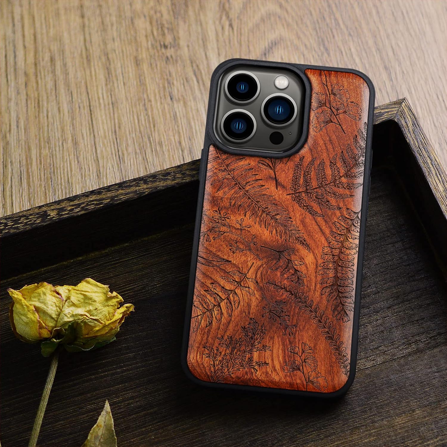 Carveit Magnetic Wood Case for iPhone 14 Pro Case [Natural Wood & Black Soft TPU] Shockproof Protective Cover Unique Wooden Case Compatible with magsafe (Fern Leaves & Herbs -Rosy)