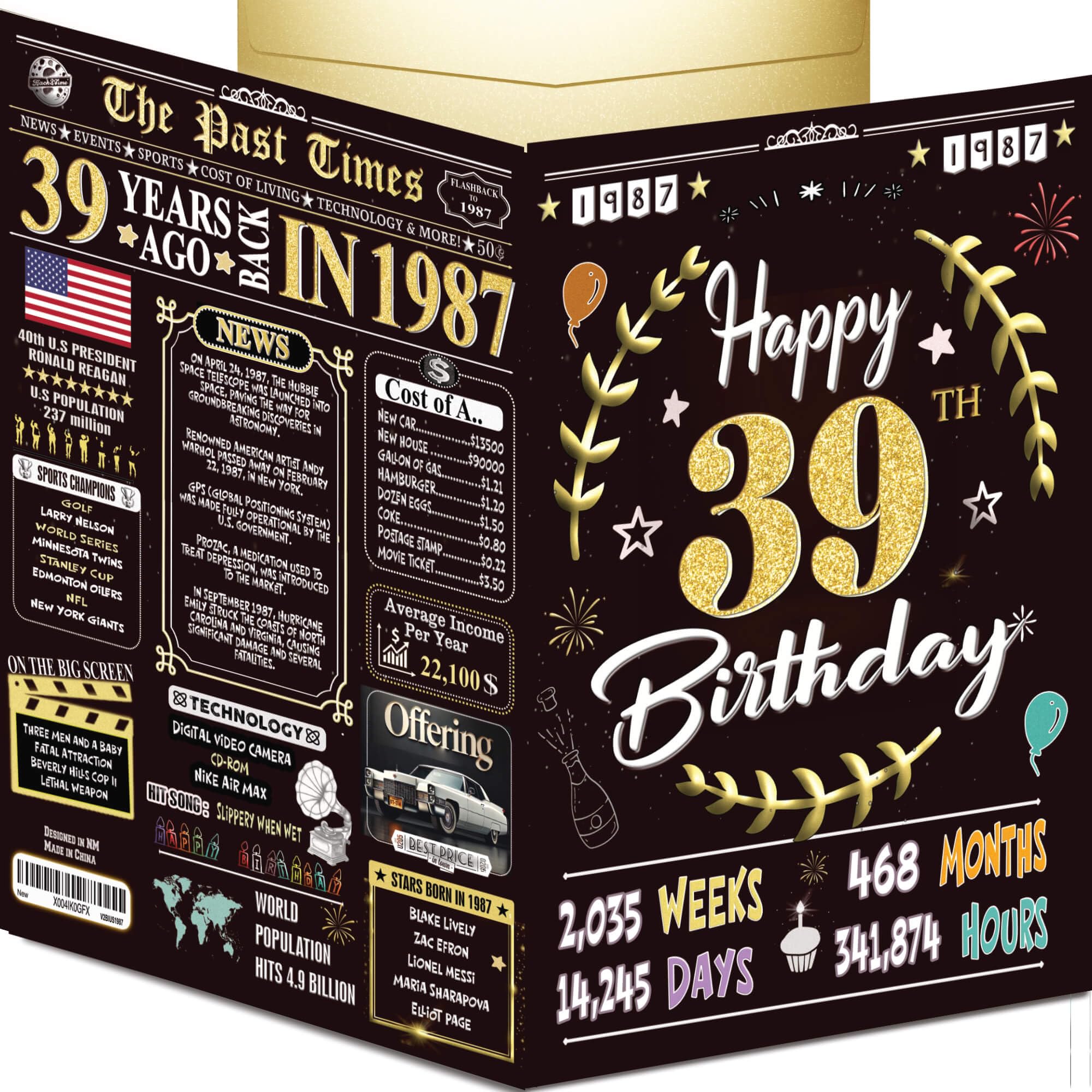 39th Birthday Card for Women Men - Back In 1987 Black & Gold - 39 Happy BIRTHDAY card - 39th birthday gift for Her Him - JUMBO size - 39th birthday