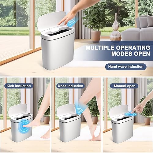 Miniatura 4 de Supteron Bote de basura automático inteligente con tapa para baño, 14 L3.7 galones, sin contacto, eléctrico, impermeable, estrecho, pequeño, para