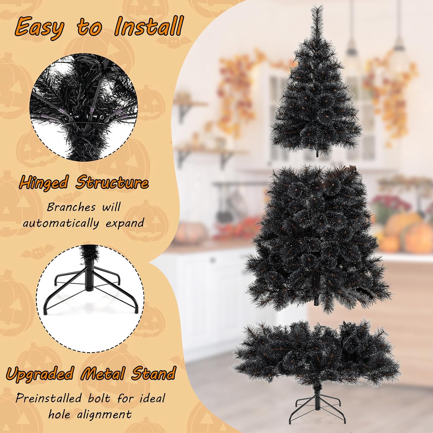 DORTALA Pre-Lit Christmas Tree Black 7FT, Artificial Full Xmas Tree with 320 Cool White LED Lights, 572 Pine Needles & PVC Branch Tips, Decor Halloween Tree for Home Office