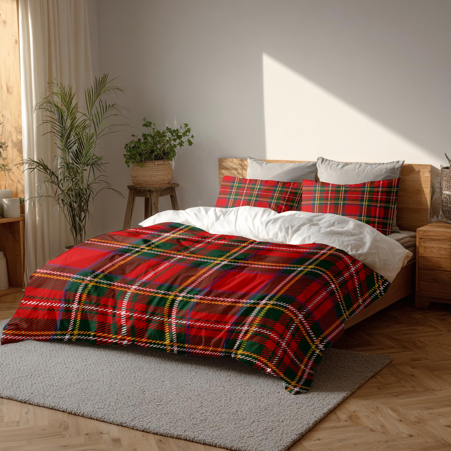 Parure de lit écossaise rouge 3 pièces avec couette imprimé tartan Noël pour lit double