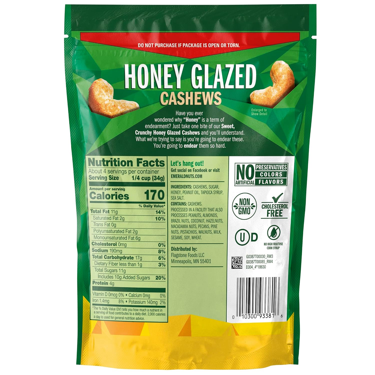Emerald Nuts, Honey Glazed Cashews, 5 Oz Resealable Bag (Pack of 2)