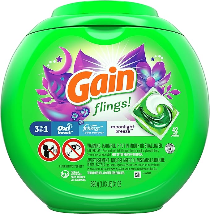 Gain flings! Liquid Laundry Detergent Pacs, Moonlight Breeze, 42 Count