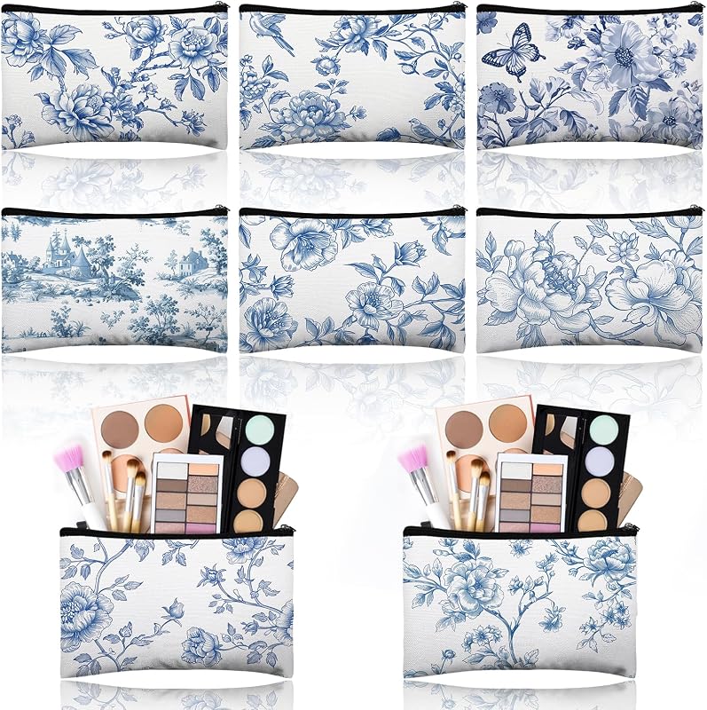 Necessaires de maquiagem Stuffygreenus com estampa floral azul, canvas e zíper, 8 unidades