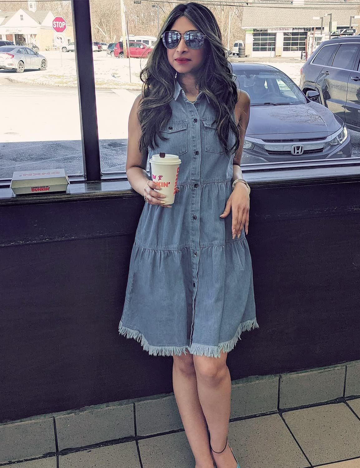 luvamia Women's Casual Summer Lapel Sleeveless Button Down Short Denim Jean Dress - Image 4