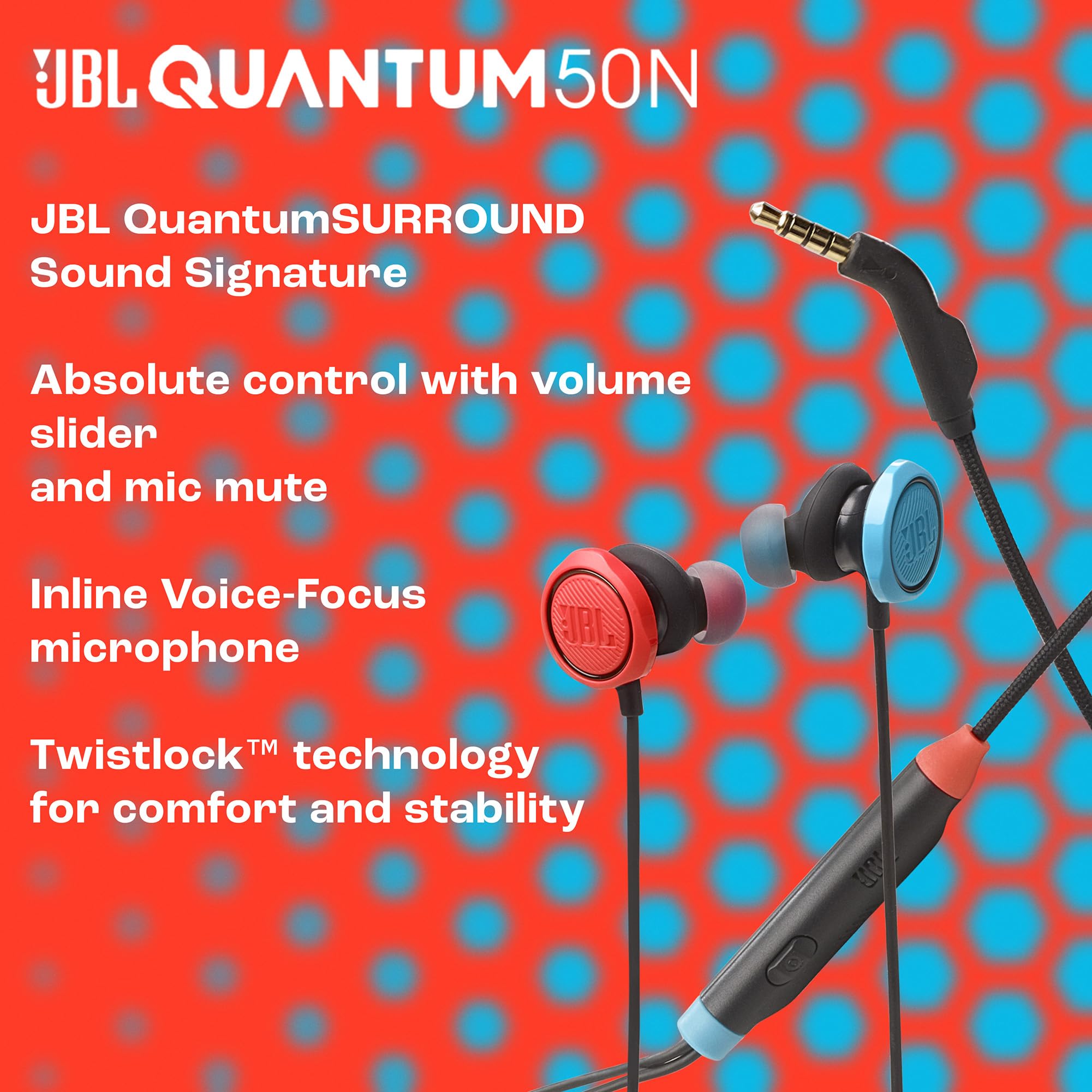 JBL Quantum 50N, écouteurs gaming intra-auriculaires filaires, son QuantumSURROUND, comptabilité multiplateformes, micro avec focalisation sur la voix, technologie Twistlock Comfort, en rouge et bleu