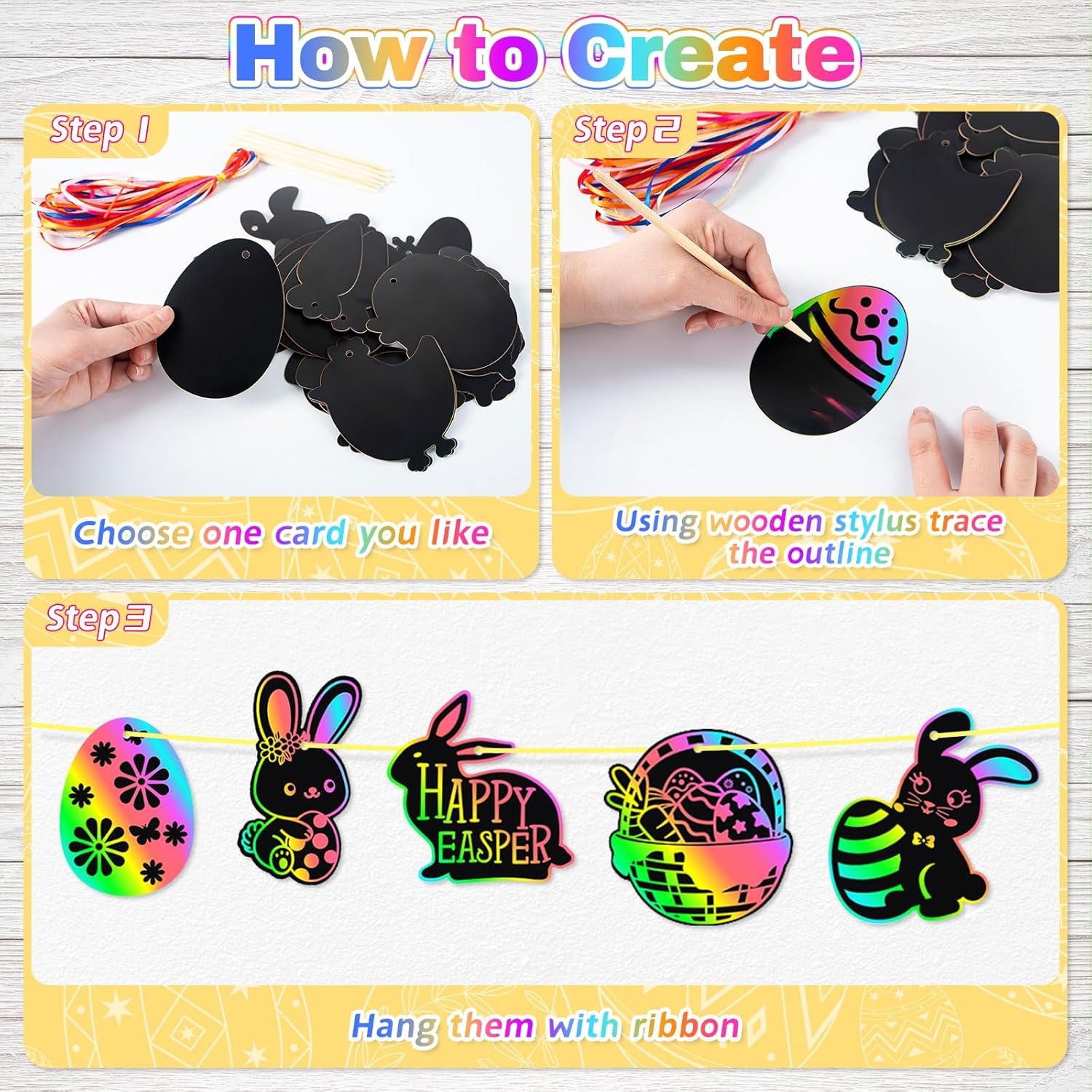 BruinBang 48 PCS Easter Scratch Cards DIY Magic Rainbow Color Scratch Art Sets Easter Crafts Fun Spring Classroom Art Activities Spring Hanging Ornaments Basket Stuffers Party Supplies Gifts