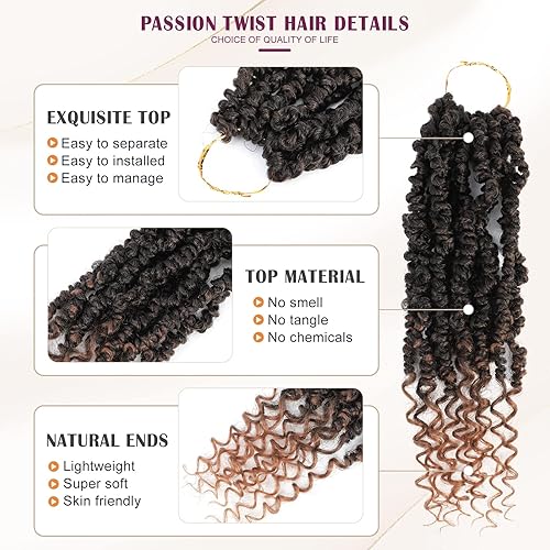 Miniatura 3 de Pelo de ganchillo pretrenzado de 12 pulgadas, cabello de ganchillo Passion Twist 8 paquetes de cabello pretrenzado Passion Twist, pelo corto de