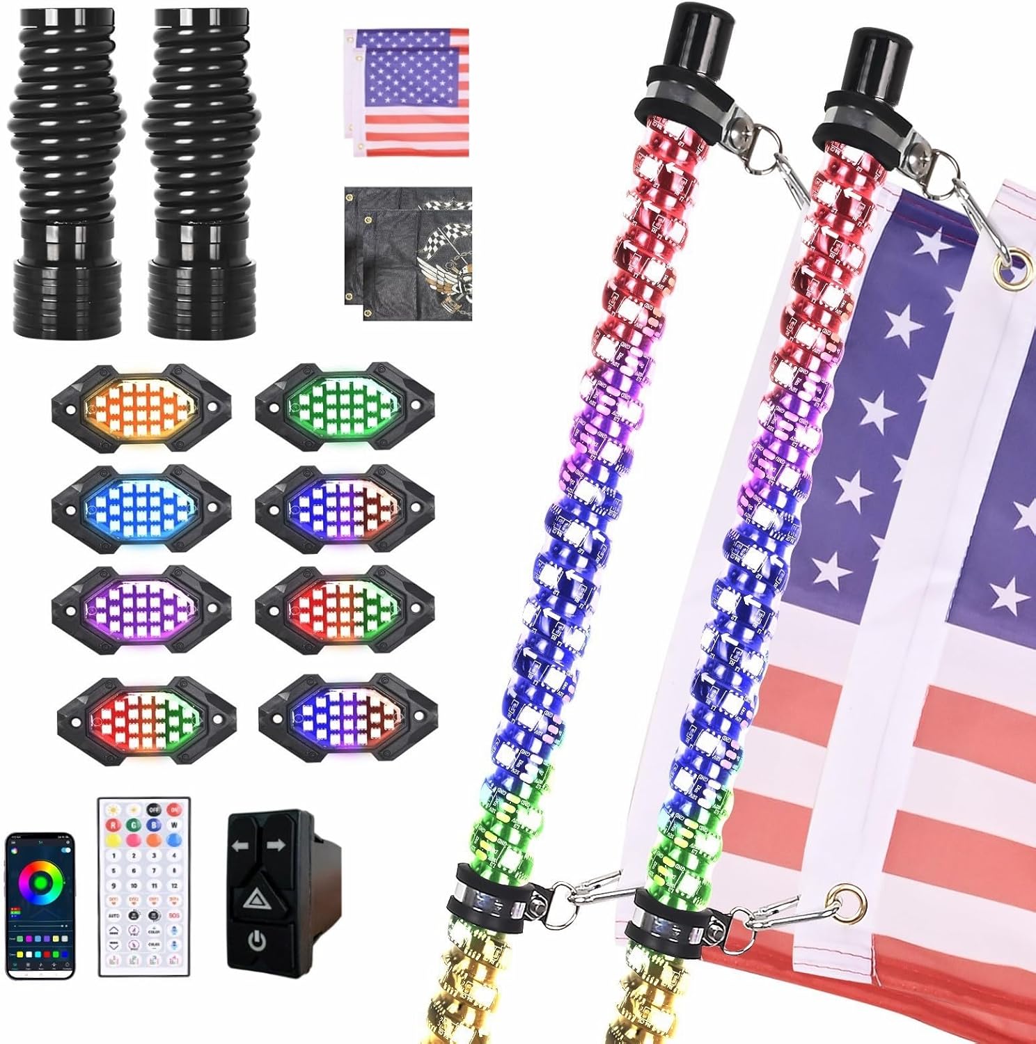 2PCS 3FT LED Whip Light and 8 Pods Rock Light Kit with Spring Base, Switch, Remote and App Control,Universal for UTV ATV RZR Polaris SXS Can-Am