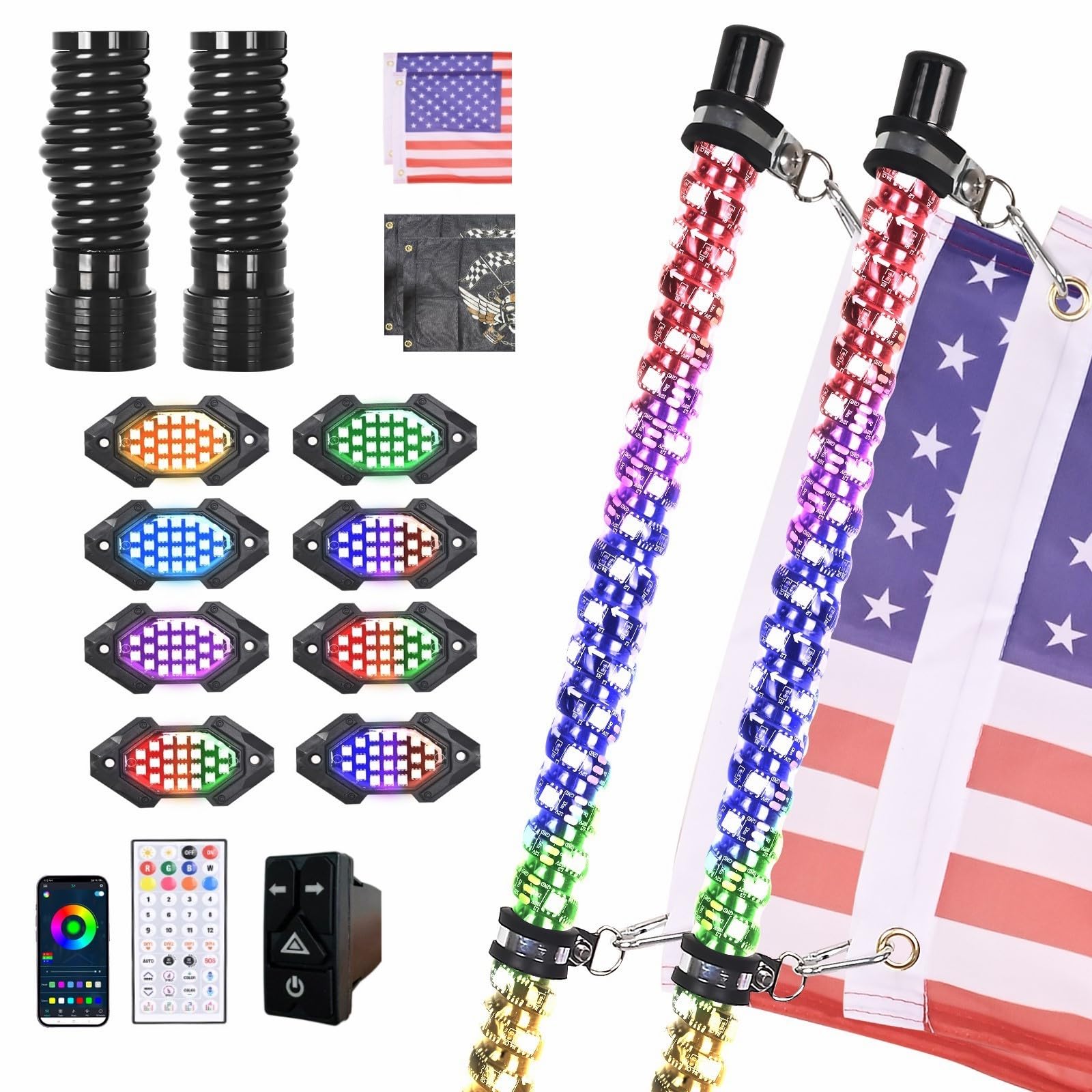 2PCS 3FT LED Whip Light and 8 Pods Rock Light Kit with Spring Base, Switch, Remote and App Control,Universal for UTV ATV RZR Polaris SXS Can-Am