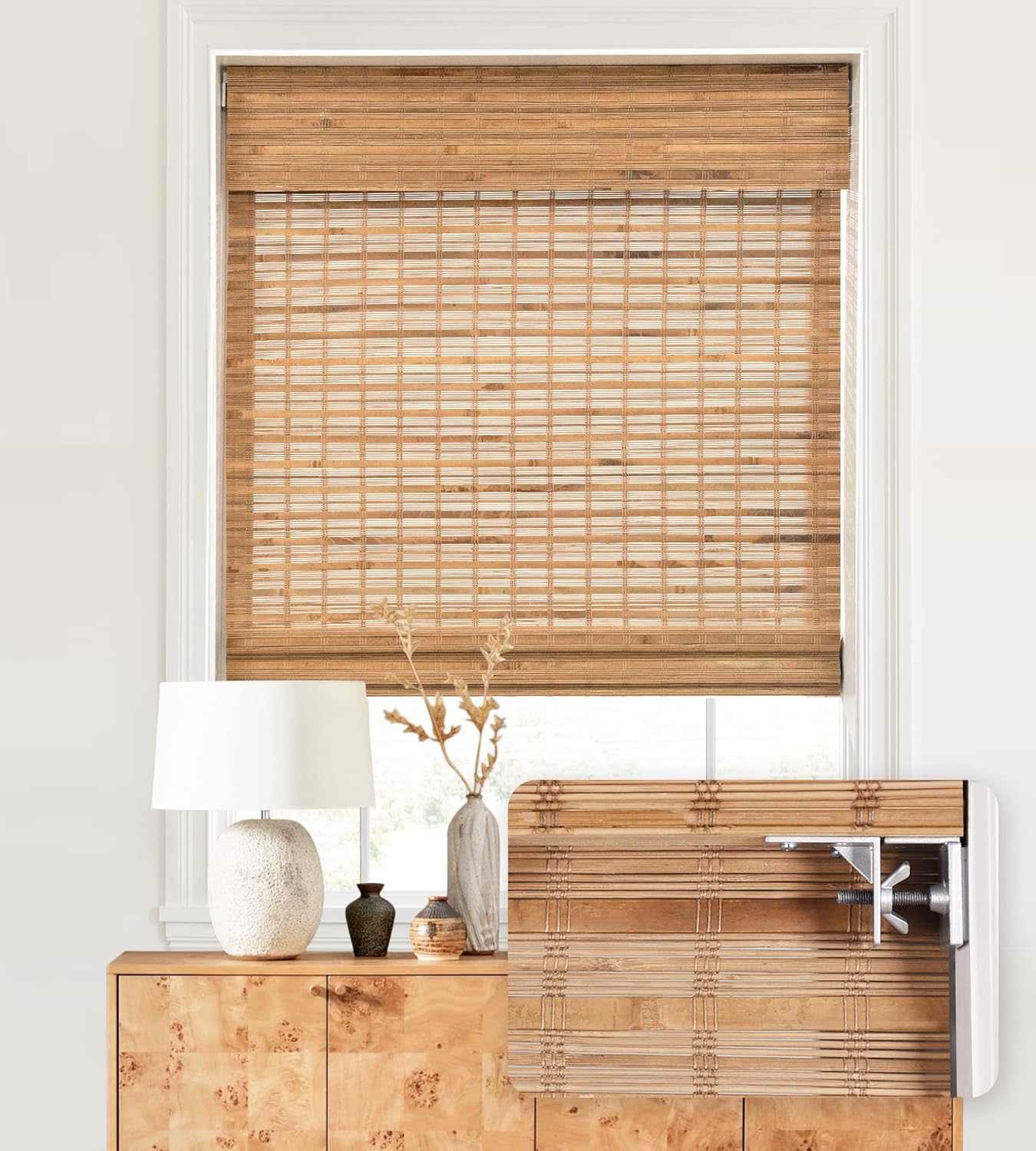 LazBlinds Custom No Tools No Drill Cordless Bamboo Roman