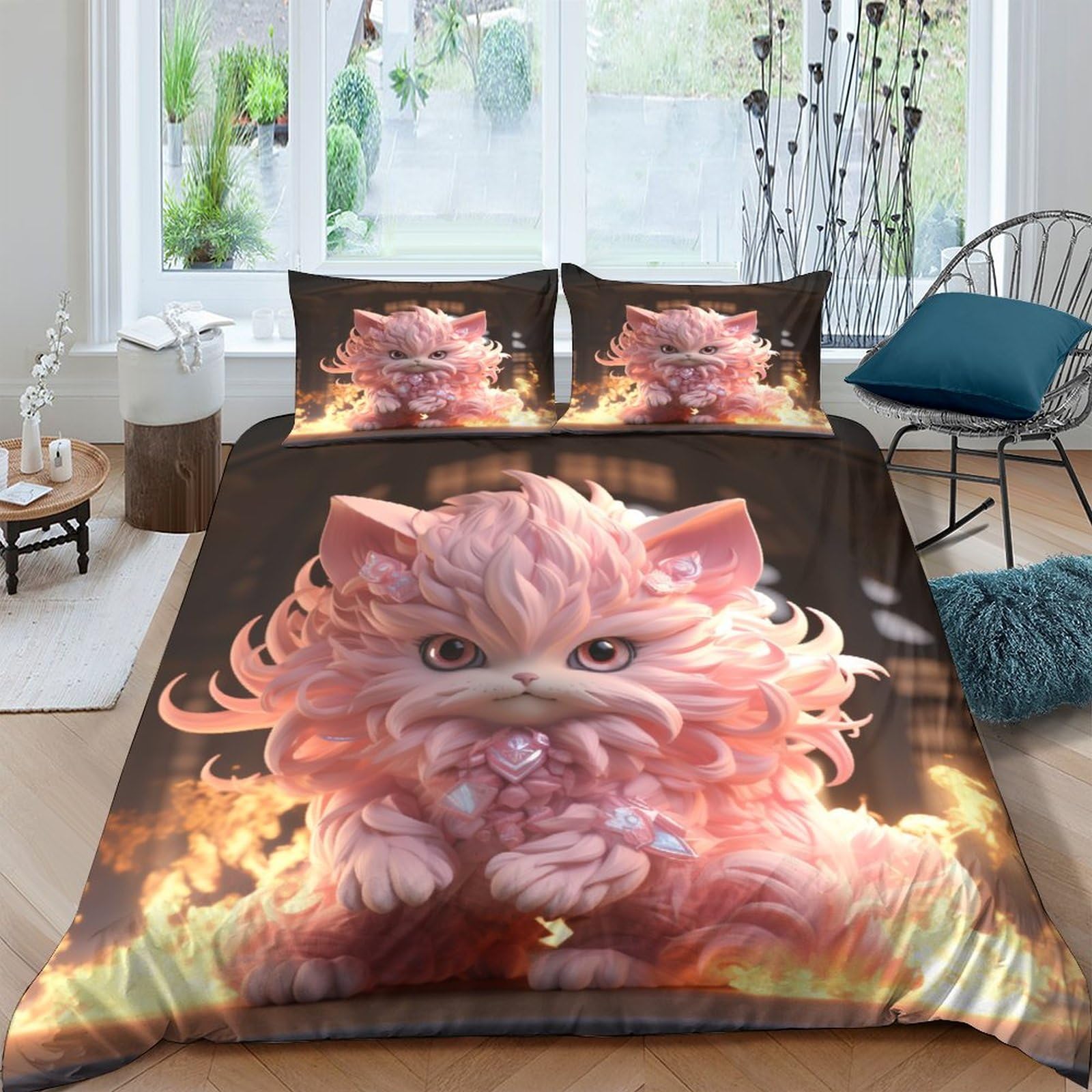 Housse de couette 3D IOFEER parure de lit double polycoton rose pour lit adulte et enfant