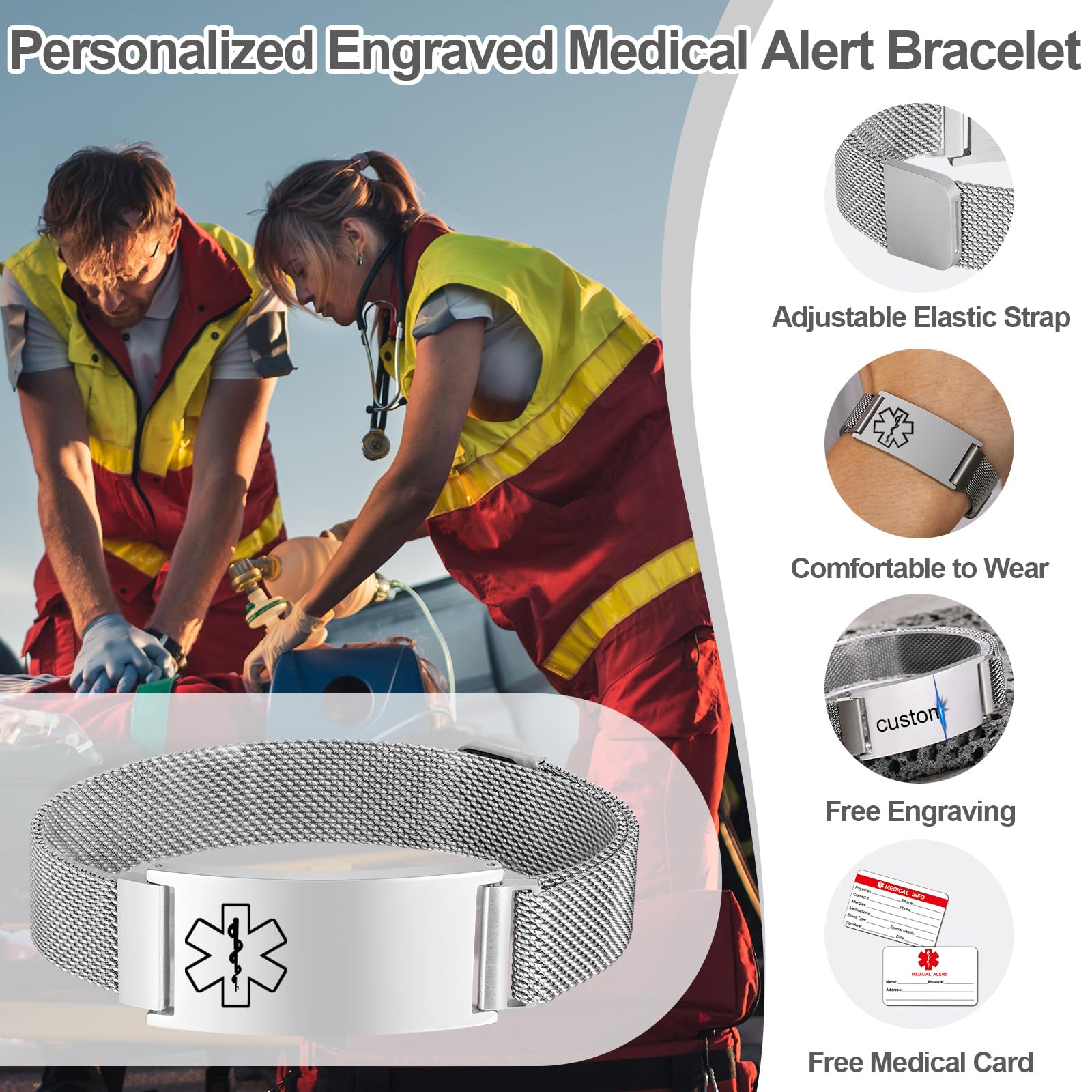 Bracelet d'urgence Alerte Médicale Personnalisé - SOS Bracelet de Sécurité Idenfication Maladie Contact Urgent Gravé, Bracelet Acier Inoxydable Manchette Réglable pour Femme Homme