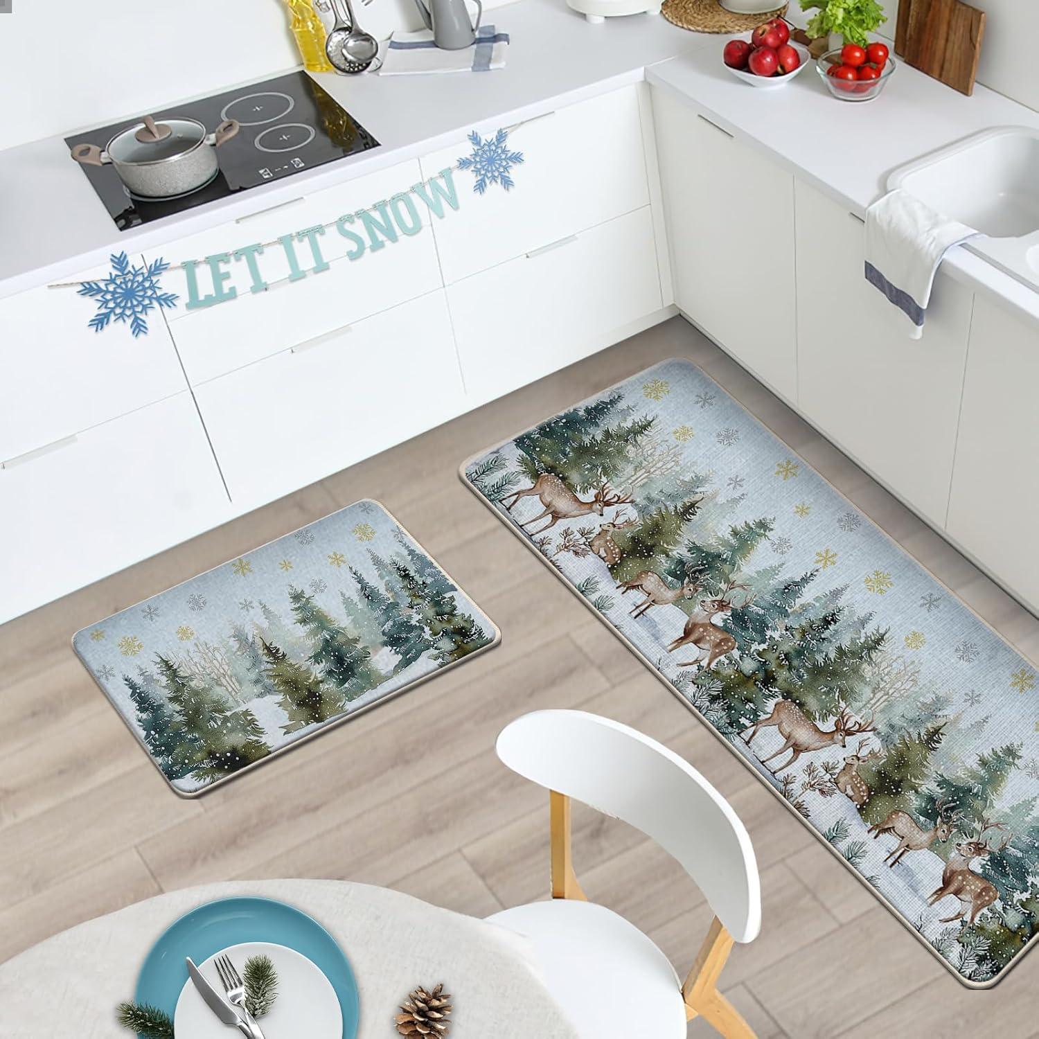 Winter Forest Reindeer Kitchen Rugs Set of 2, Watercolor Snowy Pine Tree Gold Snowflake Floor Mats Home Decor, Christmas Woodland Seasonal Door Mat Decorations - 17x29 and 17x47 Inches