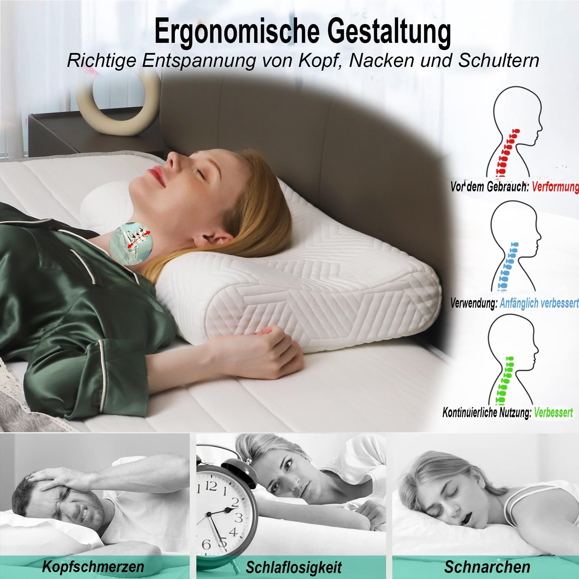 LAMB Nackenkissen Kopfkissen, Höheneinstellbares Memory Foam Nackenstützkissen Seitenschläferkissen, Ergonomisches Schlafkissen Antischnarchkissen mit RUCO-BAC Bezug