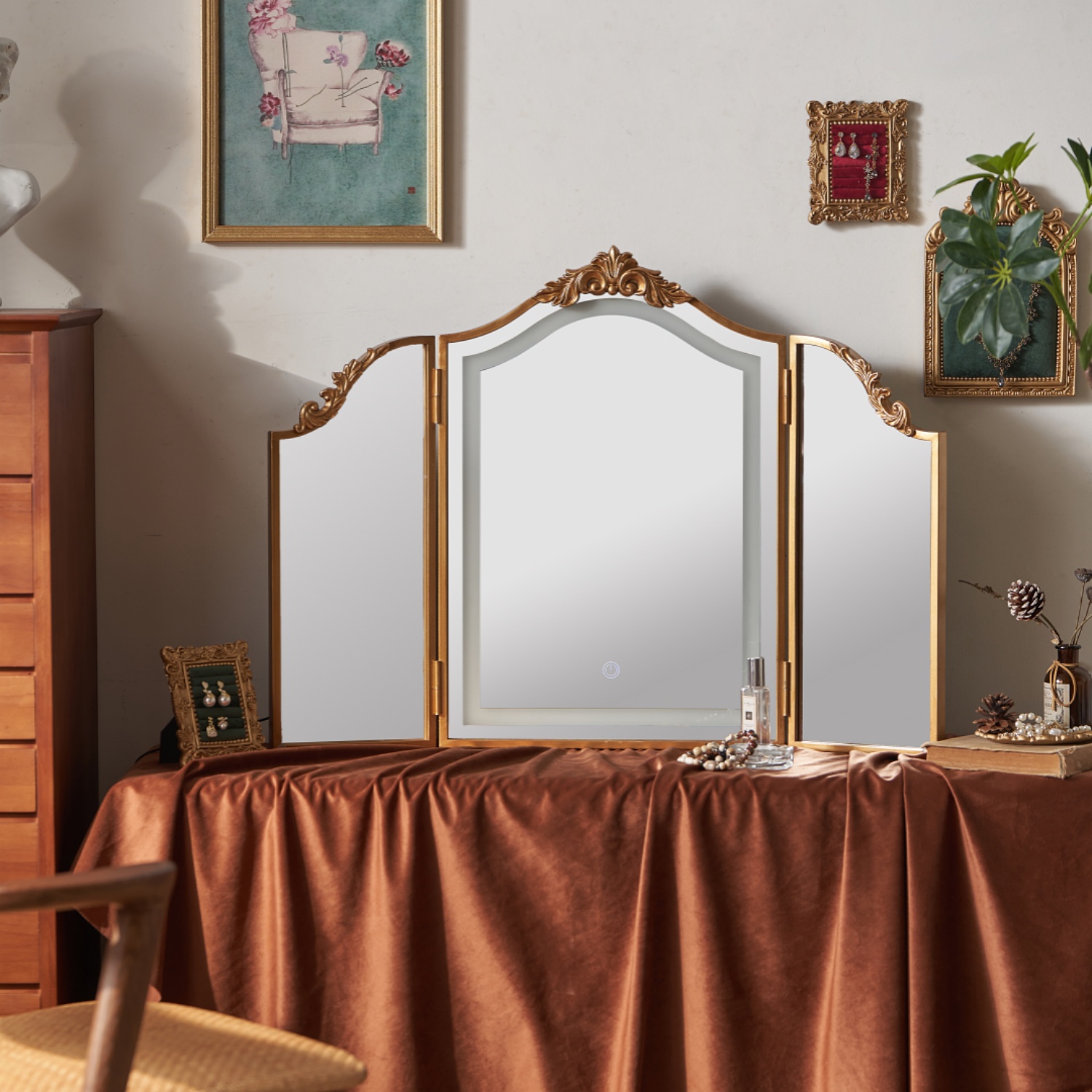 gold triple dressing table mirror Amazon.com : HSDDHOME Antique Gold Triple Fold Makeup Mirror with Tri-Color  LED Lighting & Dimming, Baroque Carved Arch Vintage Vanity Mirror, Bohemian  Decor for Bedroom/Dressing Room, 31x23 Inch : Beauty & Personal