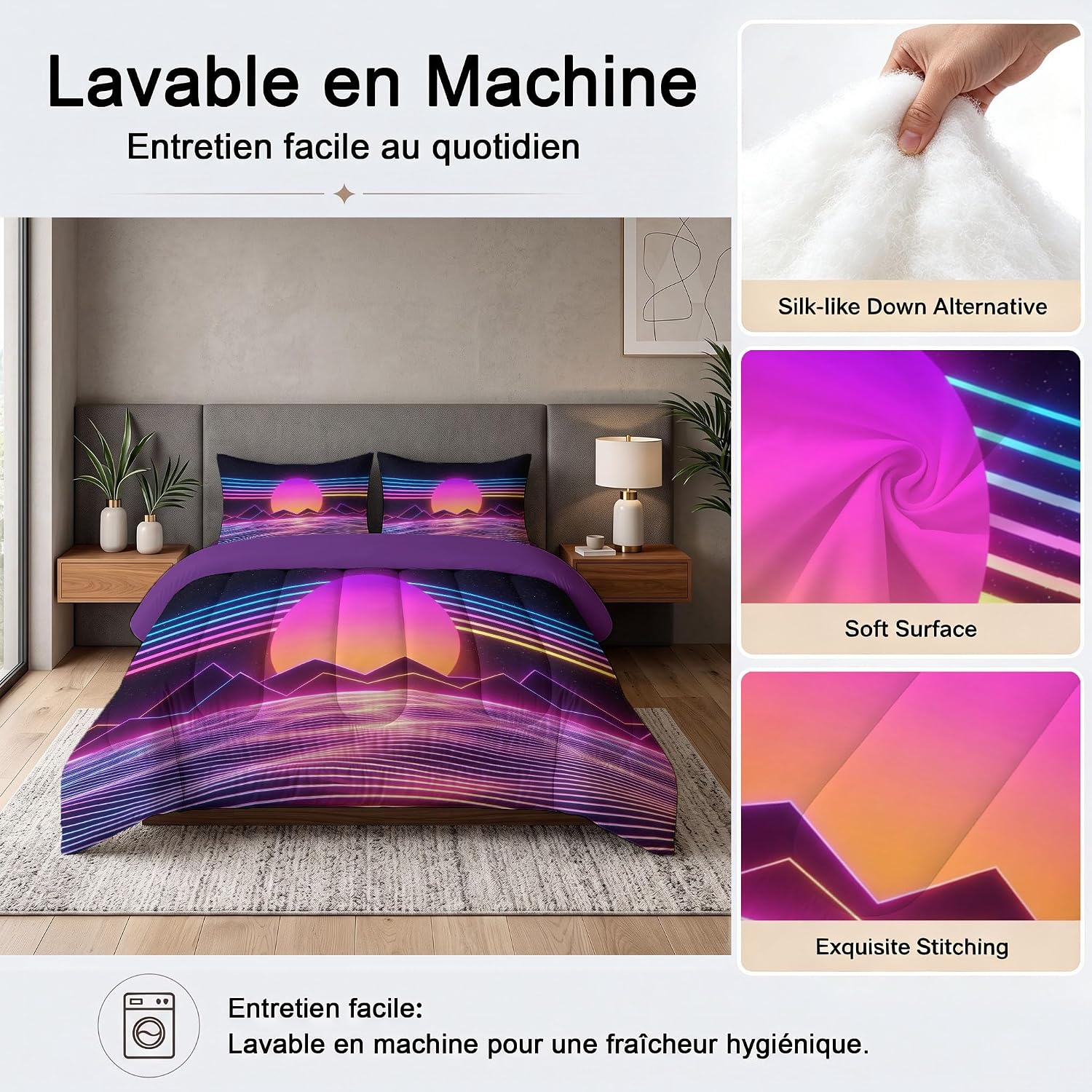 Retro Cyber Quilt King Size Purple Quilt Bedding Set | 3 Pieces Soft Lightweight Microfiber Neon Sunset Bedspread Coverlet Set for All Season, 104"X90"