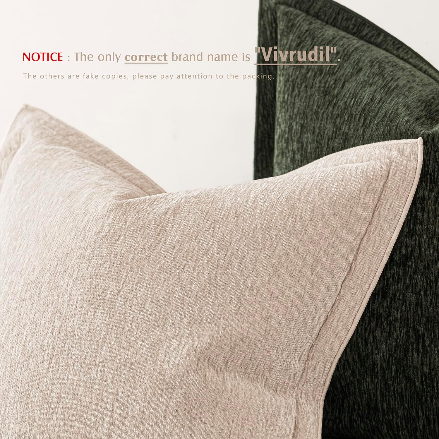 Decorative Chenille Luxury Throw Pillow Covers with Wide Edge, Textured Solid Pillowcases, Soft Velvet Cushion Cover Home Décor for Couch Sofa Chair Bed,18×18 Inch, Set of 2, Light Beige