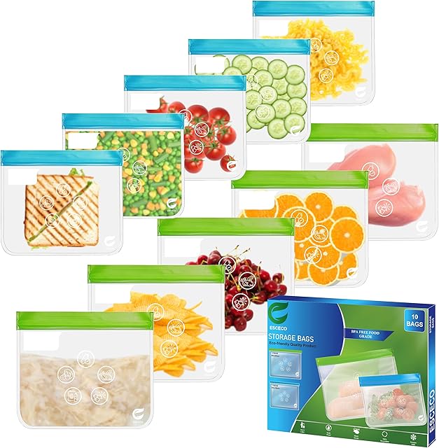 ESCECO Reusable Freezer Bags - Airtight Food storage bags - Reusable Sandwich Bags - BPA Free Snack bag for Kids and chopped Vegetable storage solution  Exclusive pack of 10 (5 Large - 5 Medium Bags)