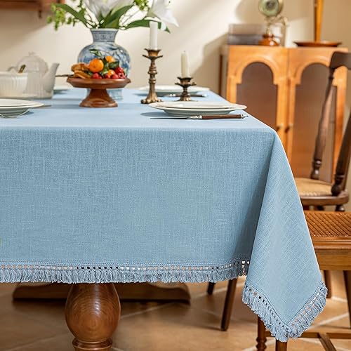 Miniatura 14 de AmHoo - Mantel de lino con borlas y tachuelas rectangular decorativo natural para cocina, comedor, buffet de boda, 55 x 86 pulgadas, marrón