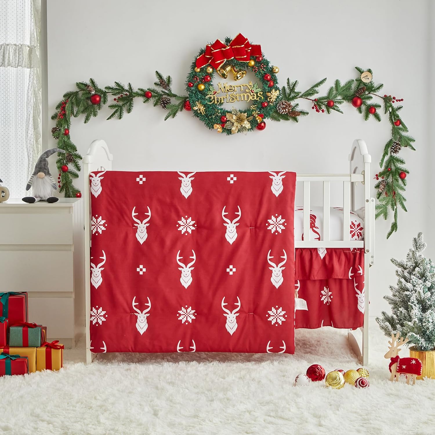 Christmas Red Crib Bedding Set 3 Pieces New Year Style