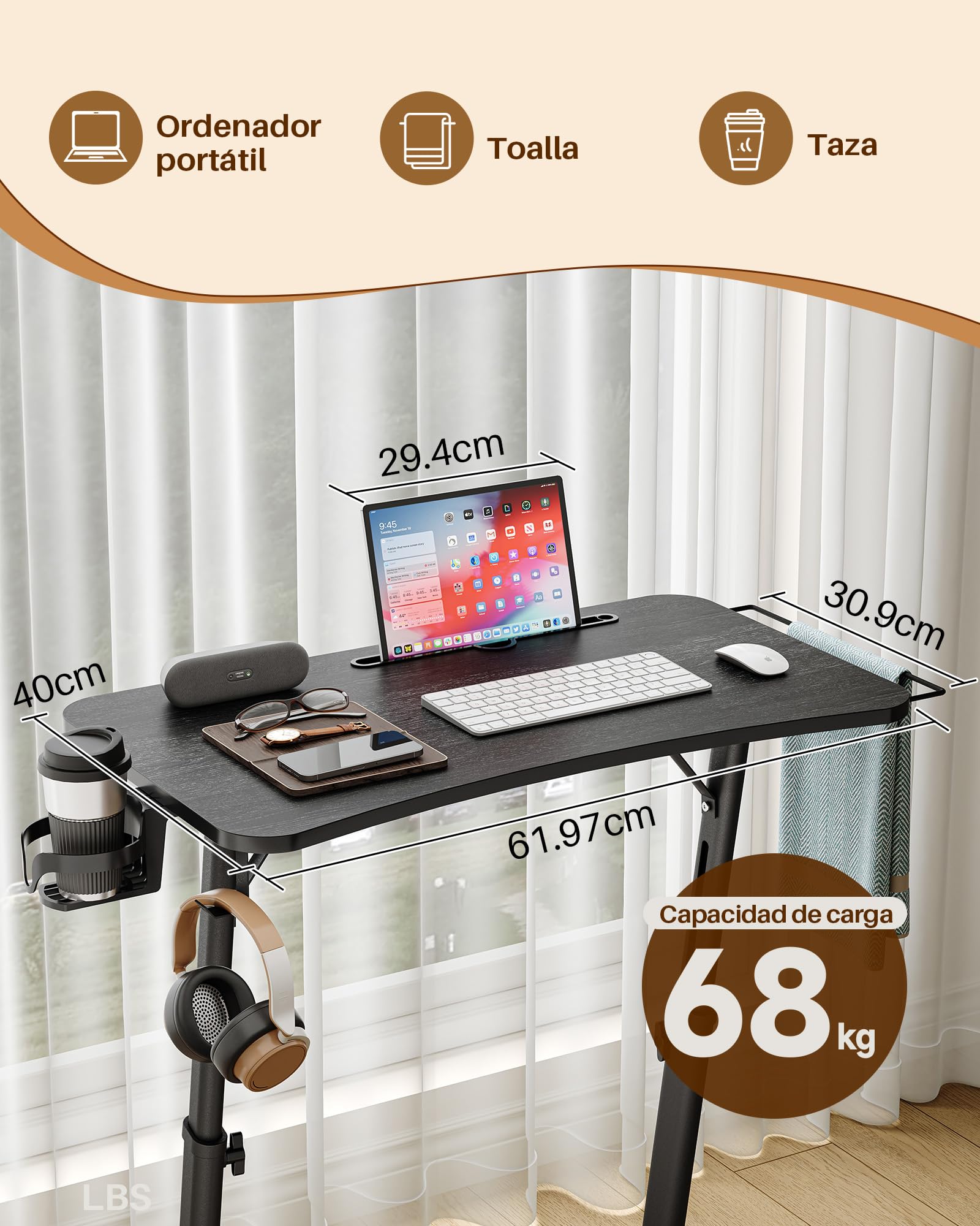 Mesa de entrenamiento con ruedas y altura regulable, mesita de noche y mesa para portátil, mesa auxiliar de altura ajustable para ciclismo en interiores y cinta de correr con soporte para bebidas y