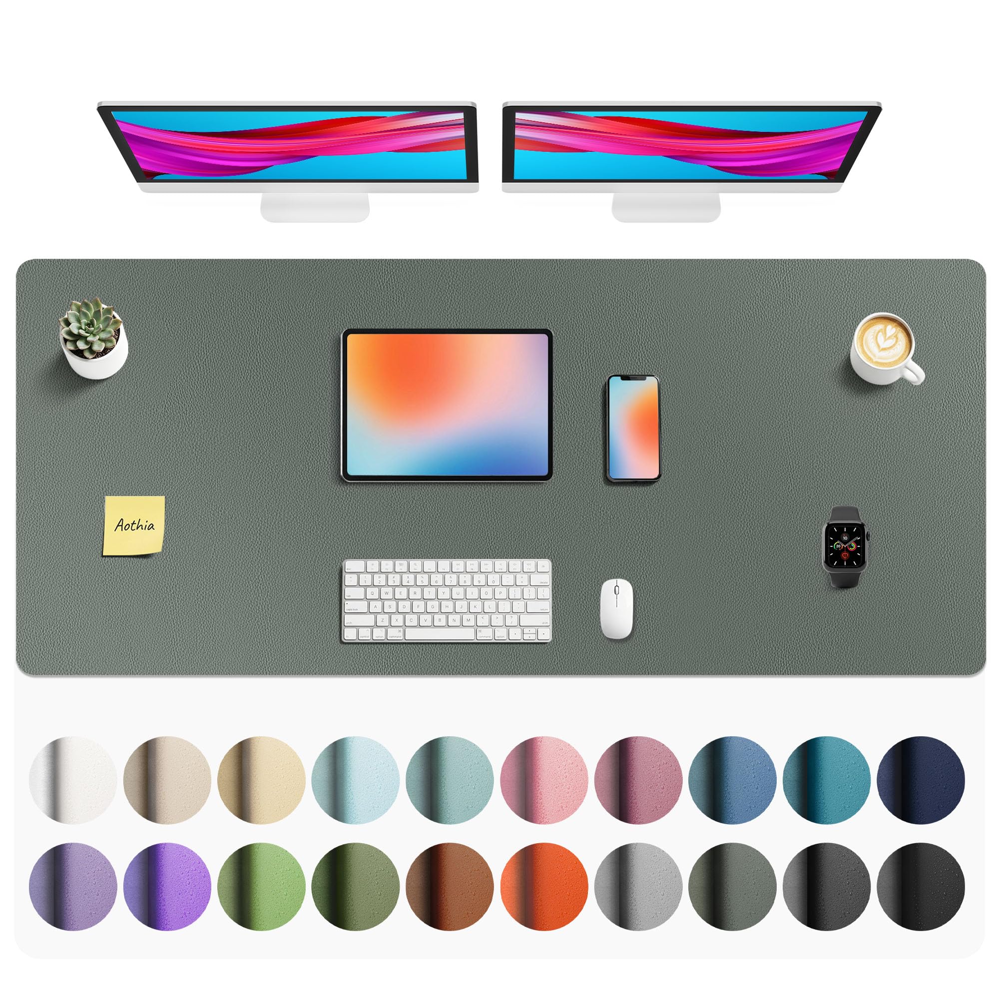 Aothia Faux Leather Desk Mat - Non-Slip PU Leather Desk Blotter, Waterproof Writing Surface, Large Desk Pad for Office &amp; Home (Jungle Green, 55" x 24")