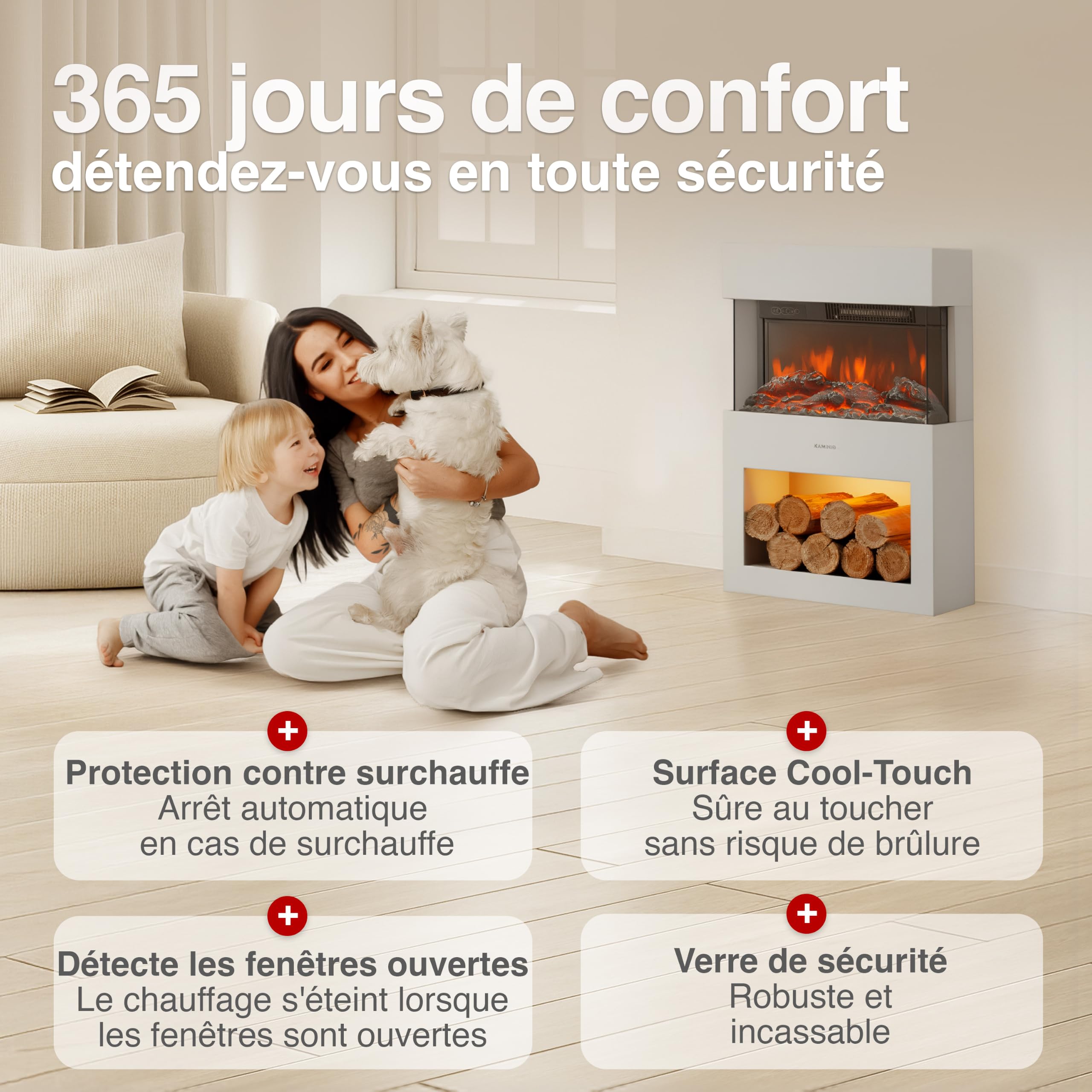 KAMINIO Cheminée Electrique Henri - Poêle Électrique avec Chauffage, Effet de Flamme 3D, Compartiment à Bois, télécommande (Blanc)