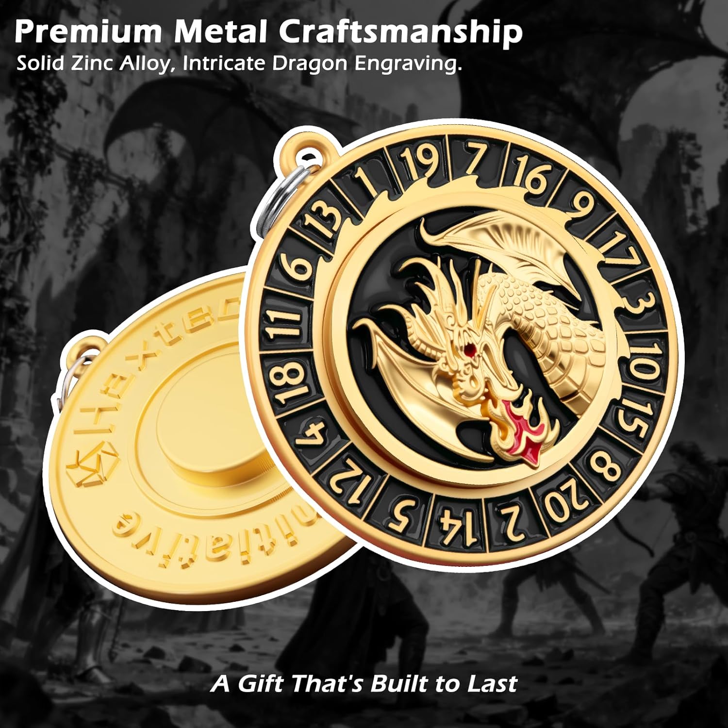 Haxtec D20 Spinner Dice Keychain DND Necklace Valentines Day Gifts for Him Her Portable Metal Dice Set D&D Compatible with Dungeons and Dragons TTRPG Black Gold