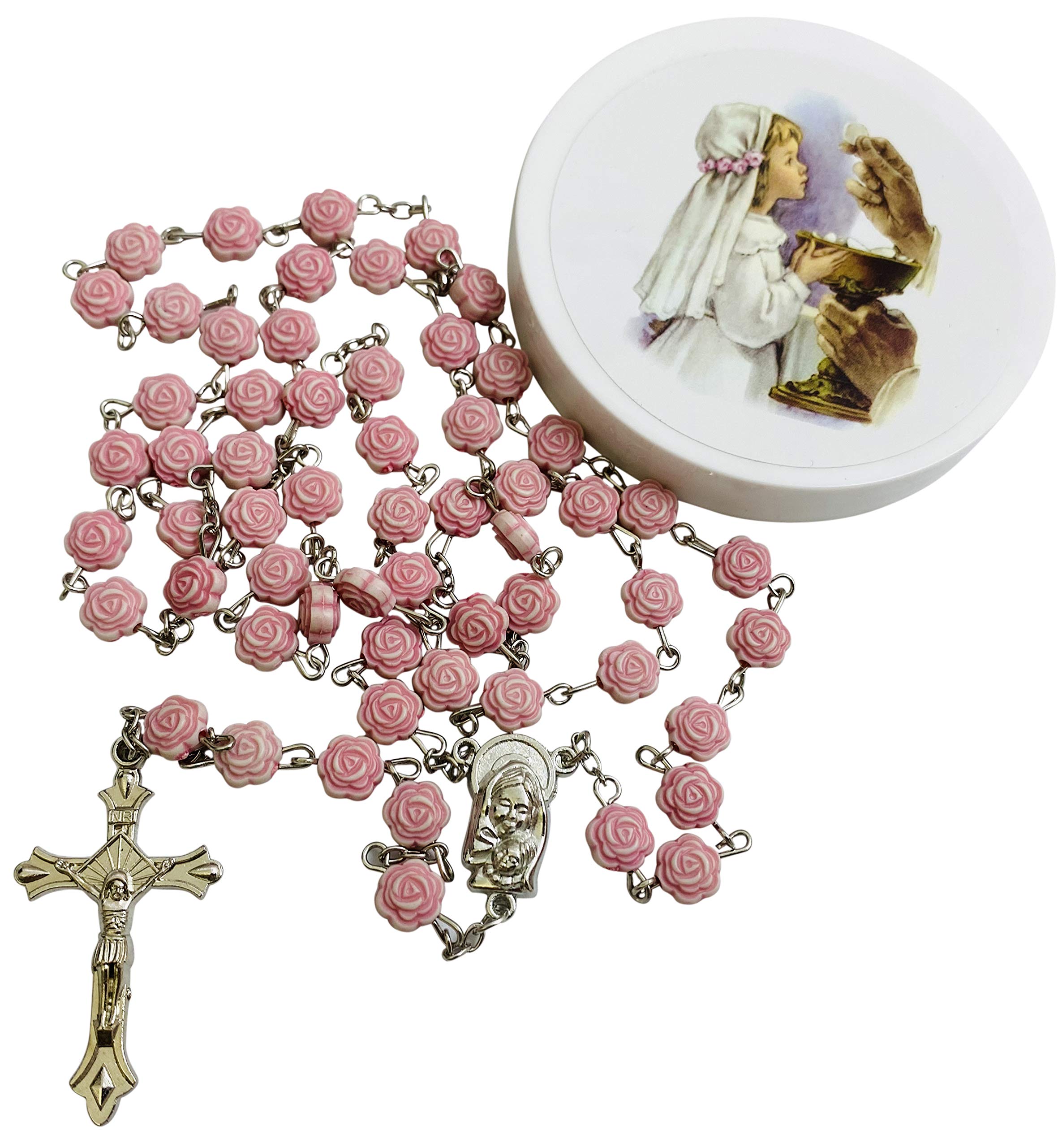 Westman Works Girl's First Communion Rosary Rose Shaped Bead Catholic Gift Set with Case
