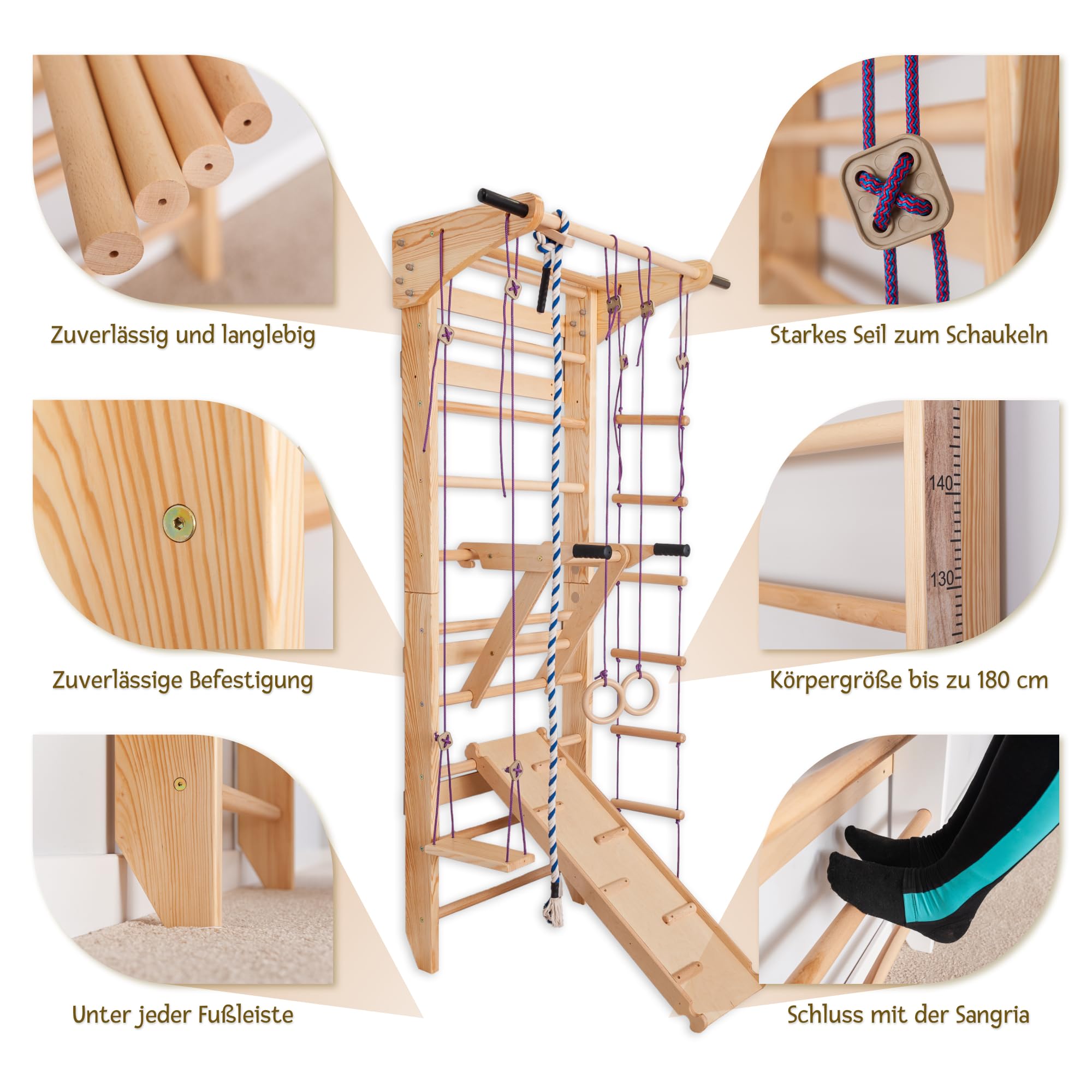 Sprossenwand Holz mit Rutsche & Schaukel - Indoor Klettergerüst für Kinder & Erwachsene - Turnwand mit Kletterbrett & Zubehör - Massiv bis 150kg (Beige)
