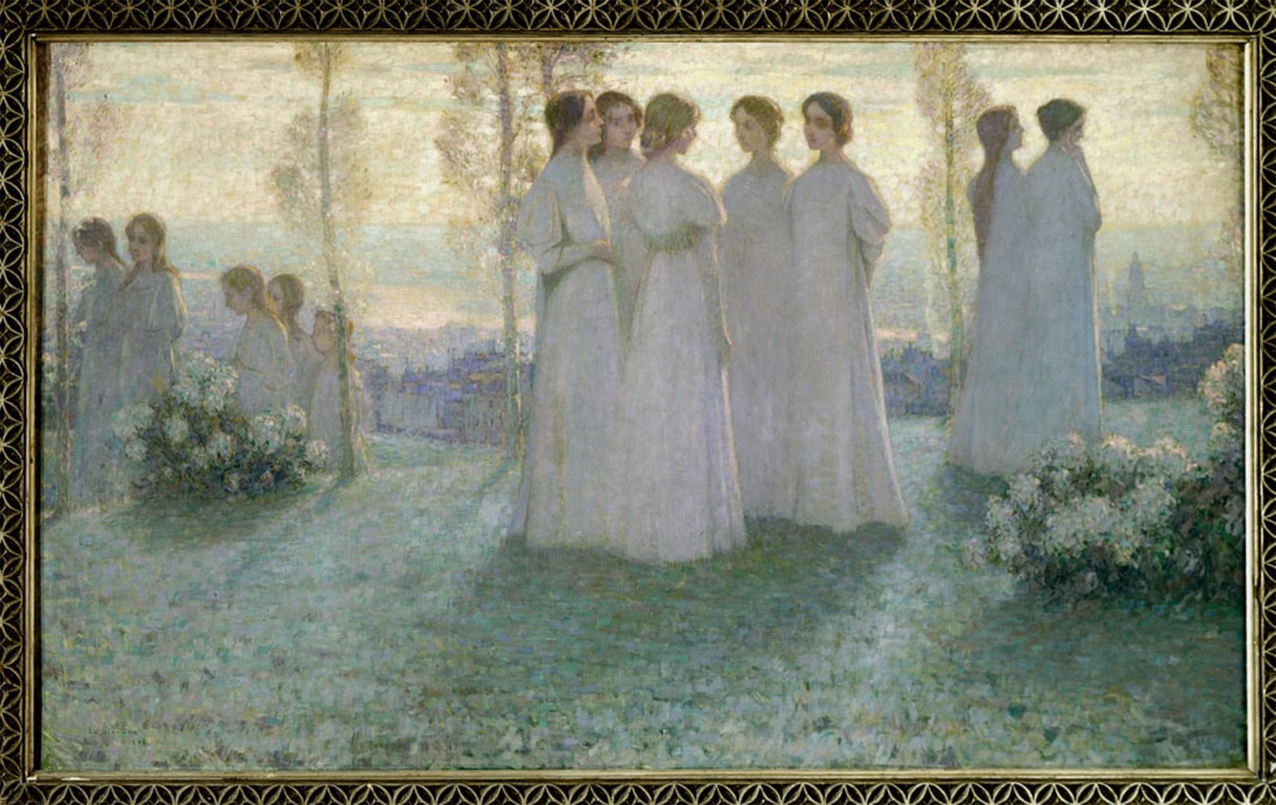 SERENDIPITP Retro Picture Poster Wall Art Pictures Painting on Sunday Woman Dressed in White Talking in a Garden by Henri Eugene Augustin Le Sidaner Wall Art Canvas Print for Wall Decor 60x90cm