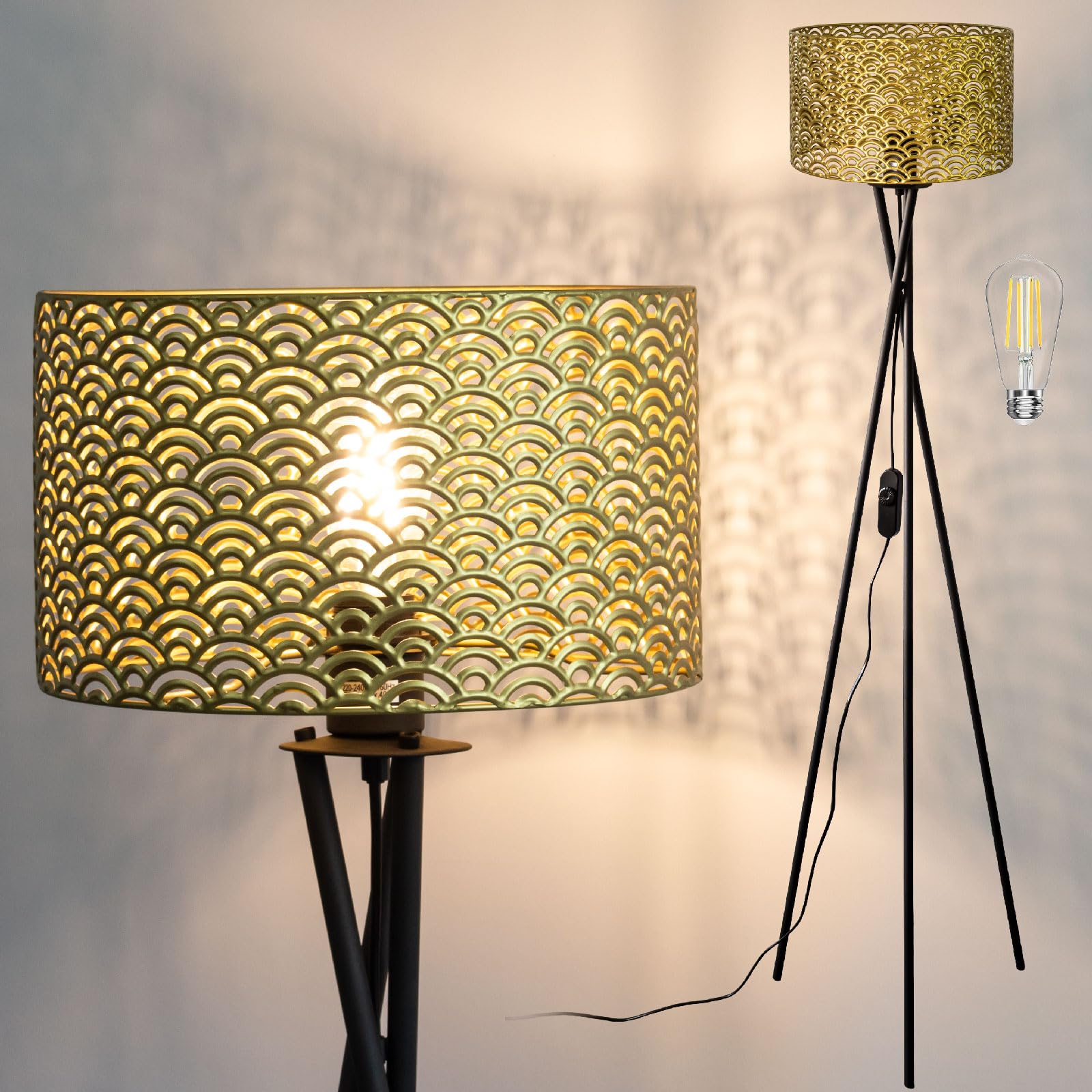 Osasy Dimmable Floor Lamps with Interchangeable Shades, Black Metal Teipod Stand, Dimmable Light Tall Standing Lamp for Bedroom, Office (D1 Metal Shade-Gold Seave Wave)