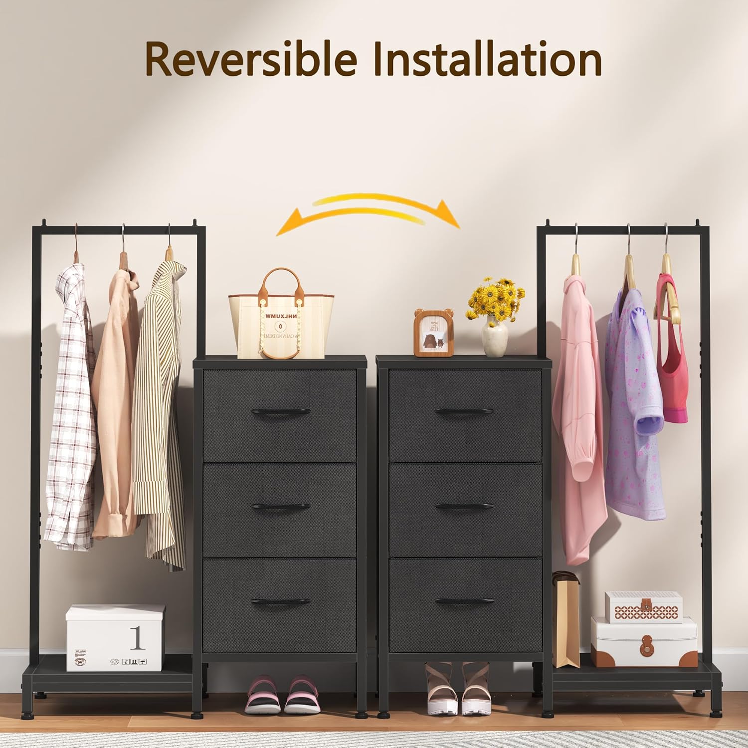 Dresser for Bedroom with Hanging Rack, 3 Drawers Dresser for Bedroom - Black