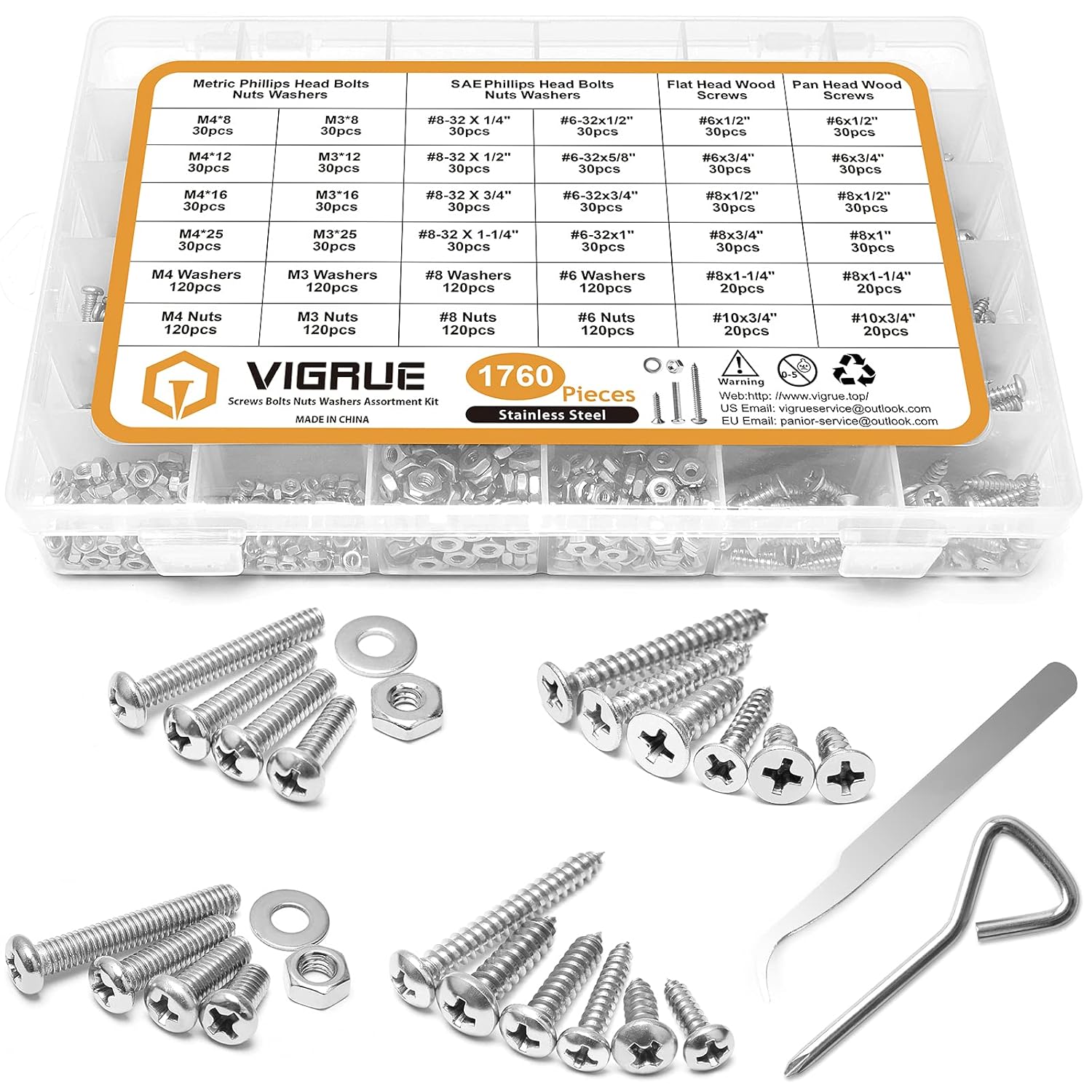 VIGRUE 1,760PCS Screws Bolts Nuts Washers Hardware Assortment Kit (28