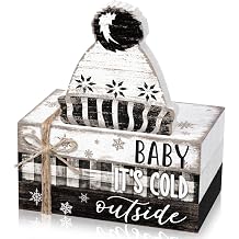 4 Pcs Winter Tiered Tray Decorations Wooden Book Stack Signs, Rustic Farmhouse "baby It's Cold Outside" Holiday Winter Decor for Table Shelf Mantel Entryway Home Decorations