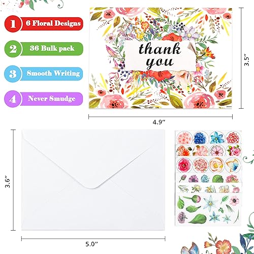 Miniatura 3 de Feela - Tarjetas de agradecimiento con sobres, paquete de 36 notas florales de agradecimiento con 36 sobres, 6 hojas de calcomanías de Feela,
