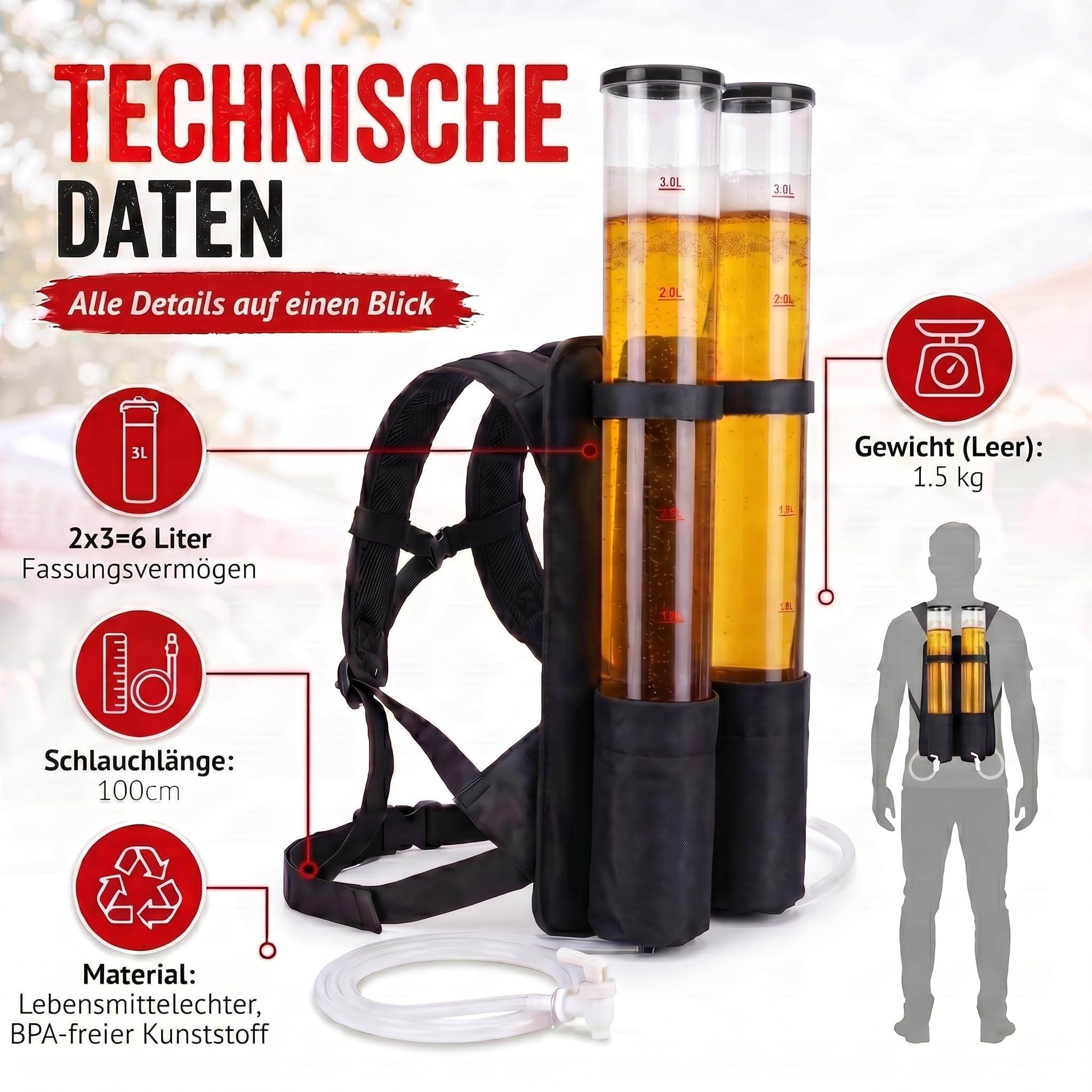 GOODS+GADGETS Der Kulthit - Duo Bierrucksack Doppel Bier Rucksack Biergiraffe Getränkerucksack 2 x 3 Liter Kapazität