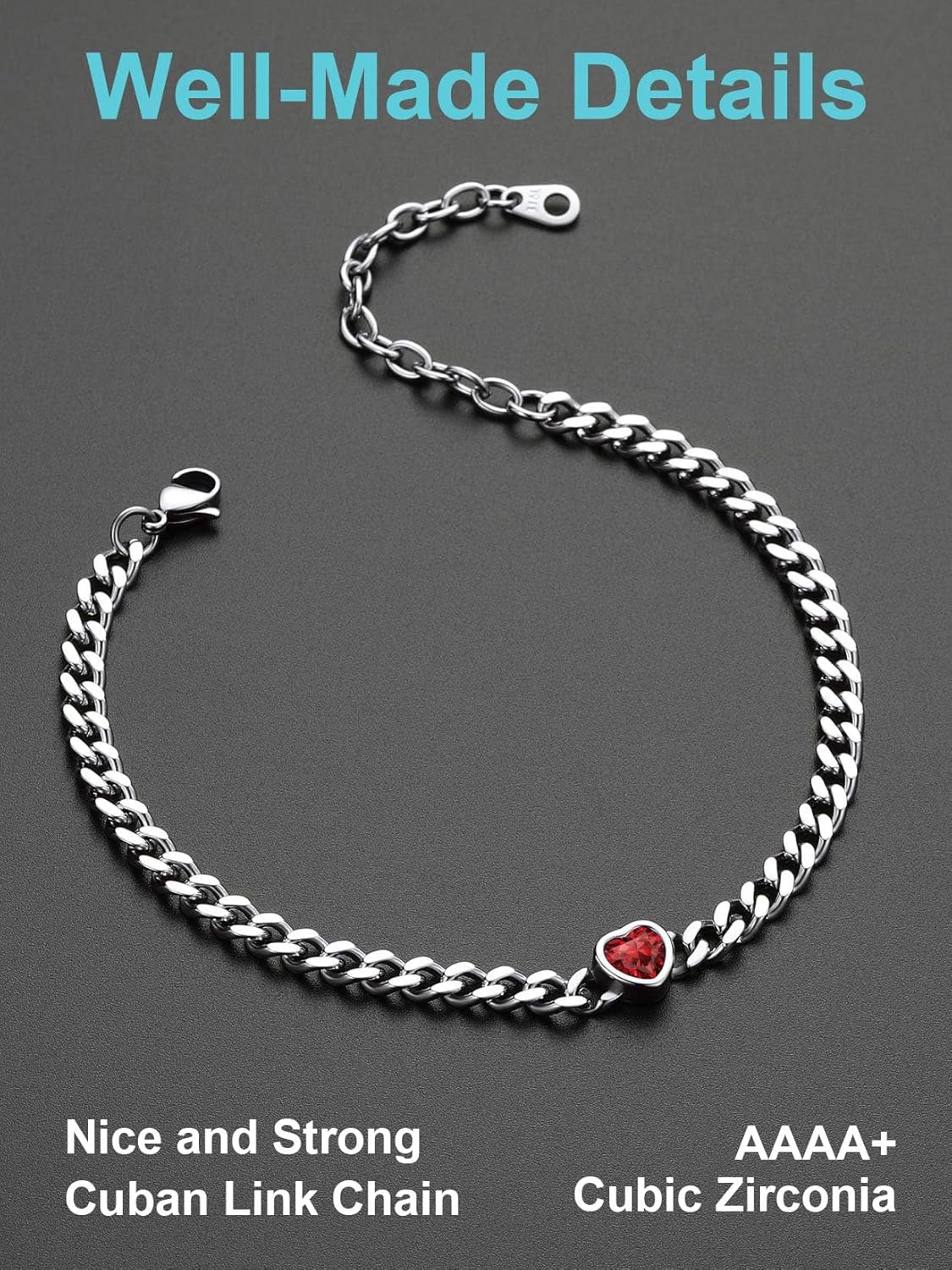 ChainsProMax Women Heart Anklets 5MM Cuban Link Ankle Bracelet with Birthstone, Black-Send Gift Box