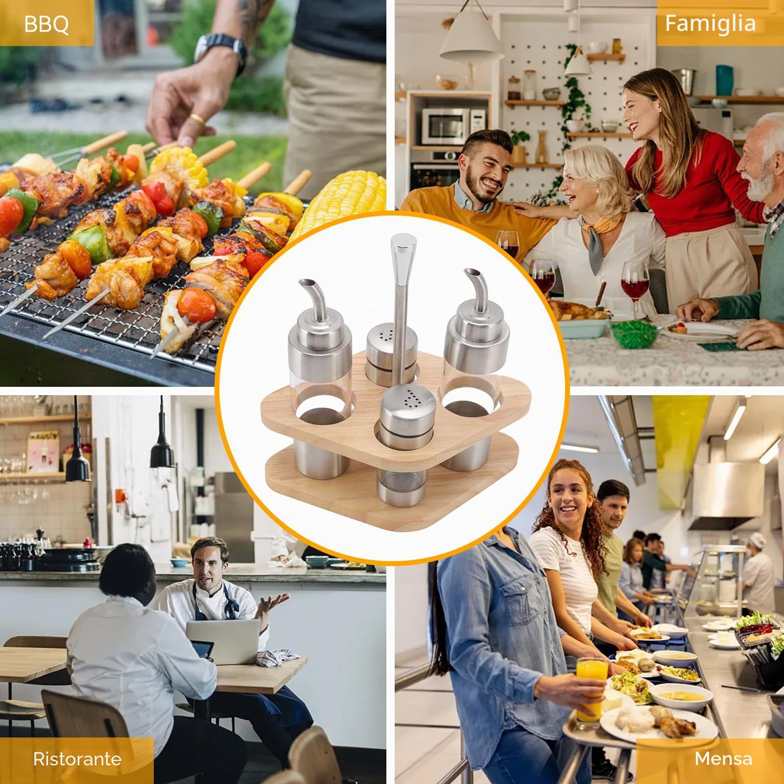 HERCHR Set di scatole per condimento da banco in Acciaio Inossidabile, 2 Set Dispenser Olio e Aceto, 2 Dispenser di condimenti con base in legno, Set di saliera e pepiera per cucina ristorante