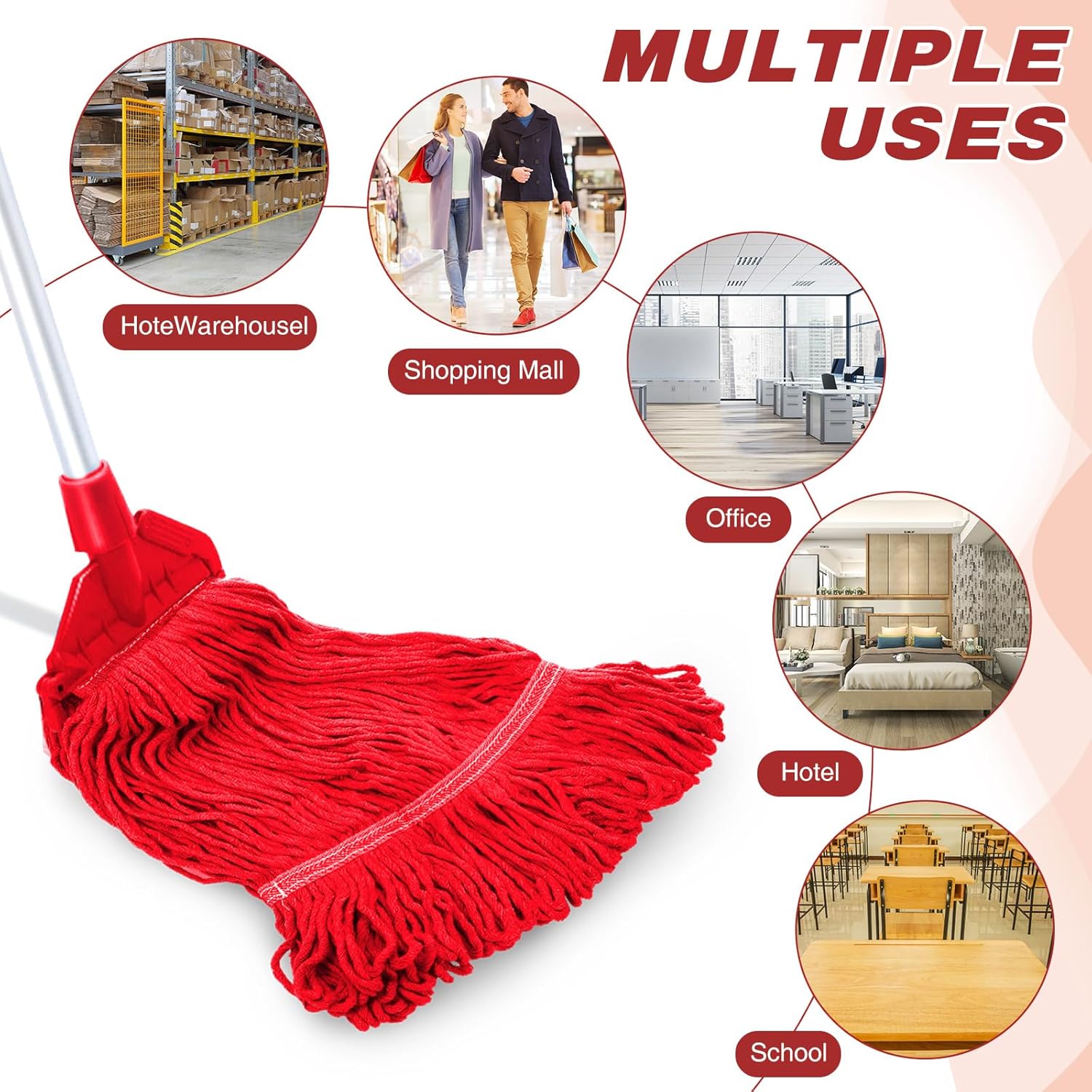 Roshtia 16 Pack Mop Head Replacement Large Heavy Duty Mop Head Commercial Replacement Looped End Cotton String Industrial Washable Mophead Refills for Commercial Industrial Home Cleaning(Red)
